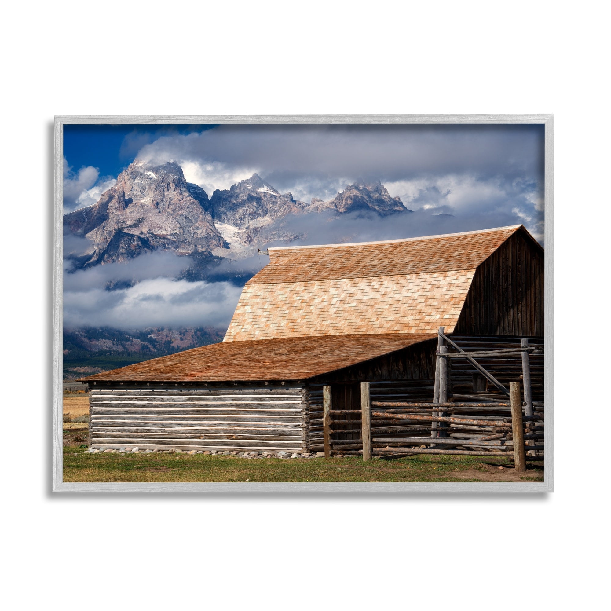 Stupell Industries Rural Cabin Foggy Mountain Peaks Landscape Photography Gray Framed Art Print Wall Art