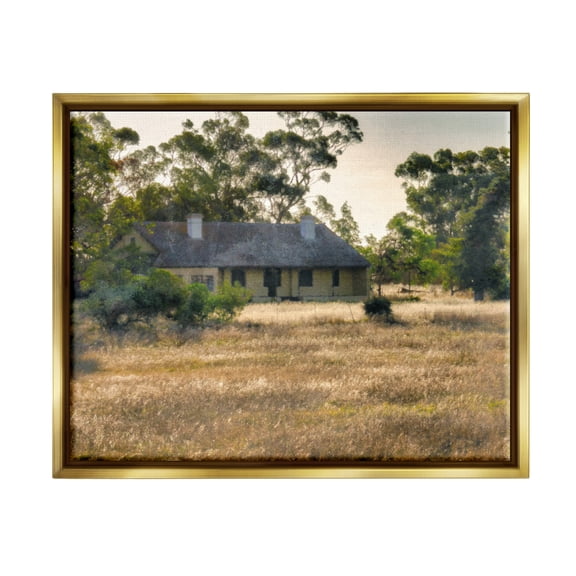 Stupell Industries Rural Cabin Grassy Landscape Landscape Photography Gold Floater Framed Art Print Wall Art