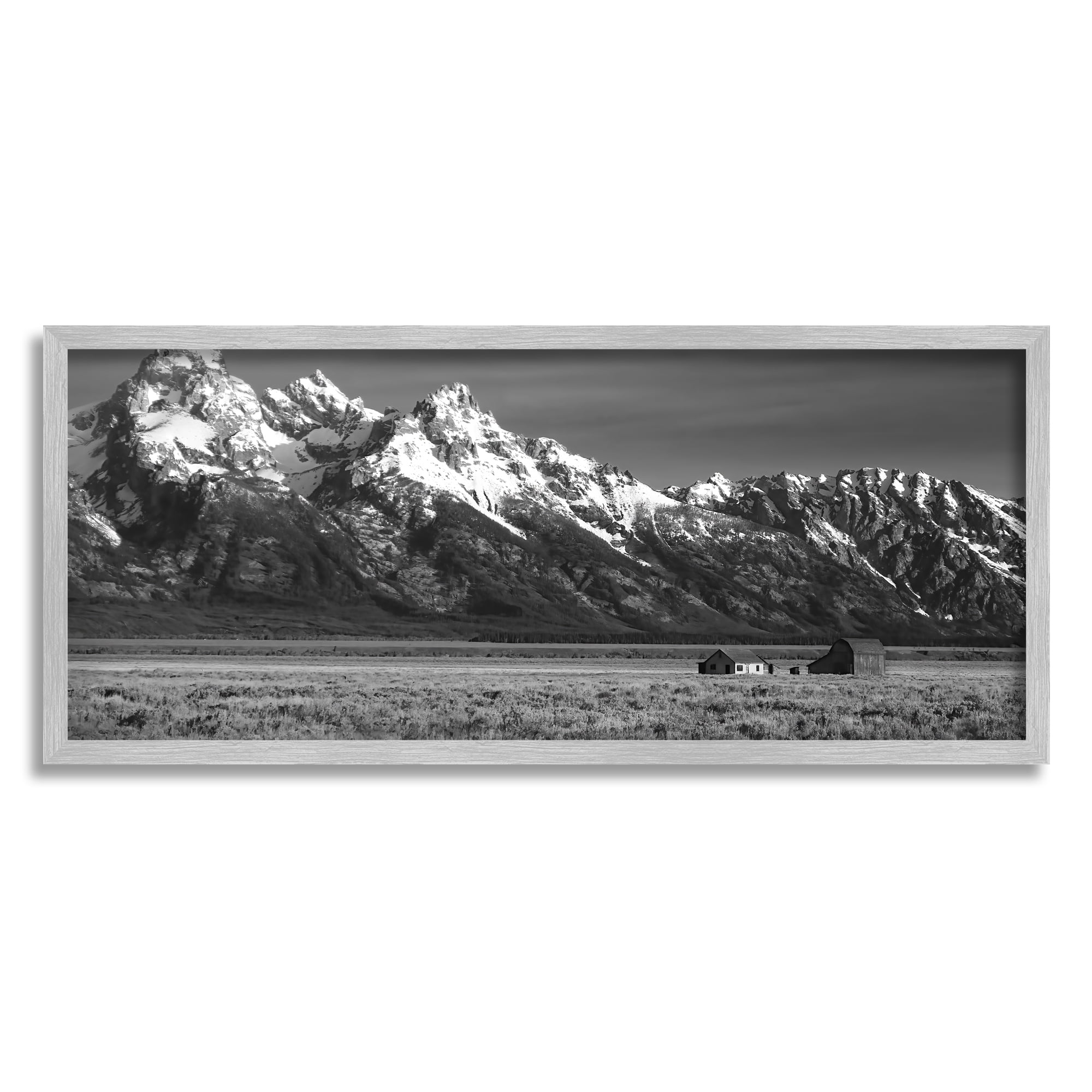 Stupell Industries Rural Cabin & Mountains Landscape Photography Gray Framed Art Print Wall Art, 24 x 10