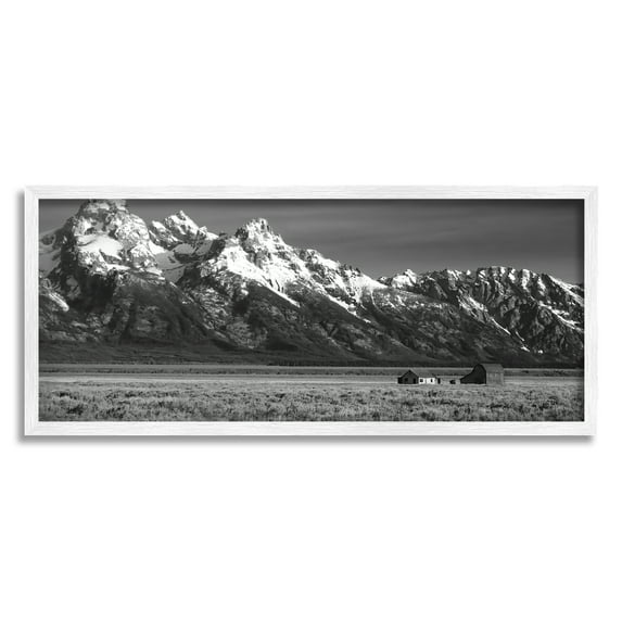 Stupell Industries Rural Cabin & Mountains Landscape Photography White Framed Art Print Wall Art, 30 x 13