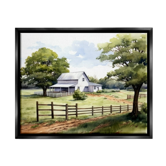 Stupell Industries Rural Cottage Painting Landscape Painting Black Floater Framed Canvas Art Print Wall Art, 21 x 17