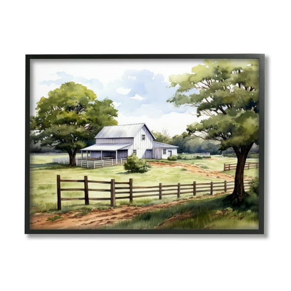 Stupell Industries Rural Cottage Painting Landscape Painting Black Framed Art Print Wall Art, 30 x 24