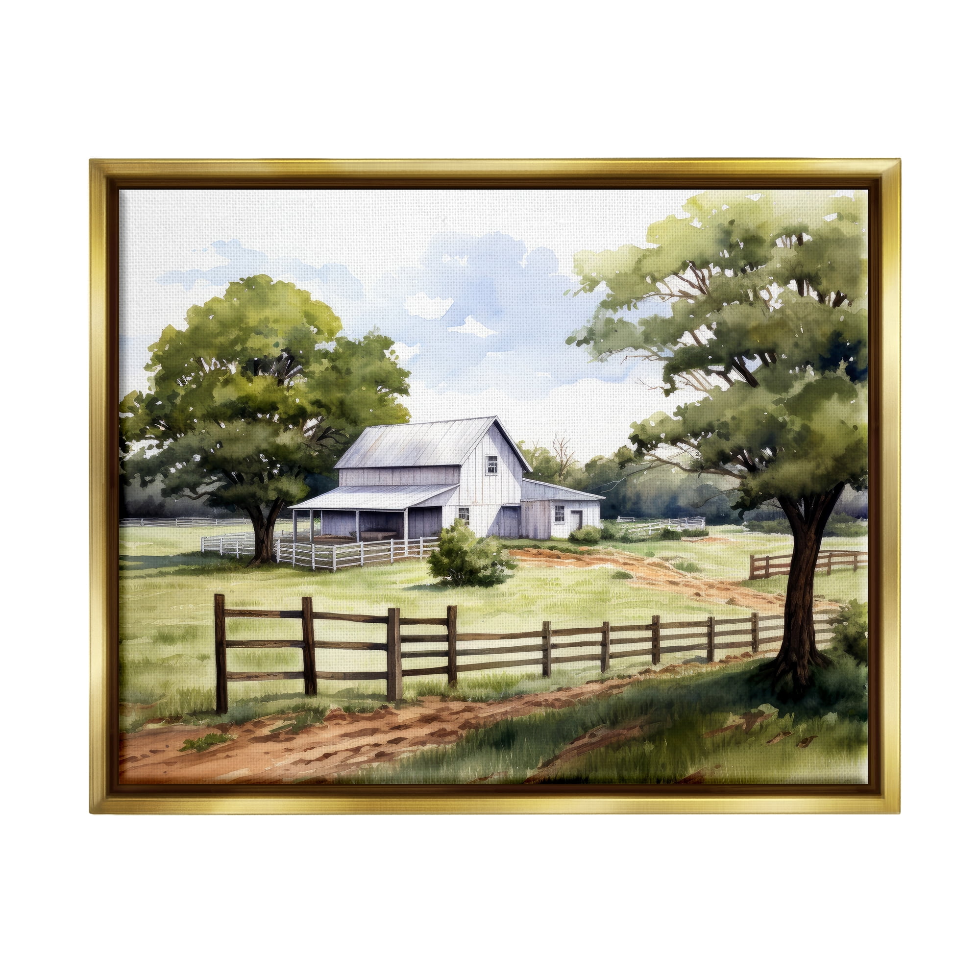 Stupell Industries Rural Cottage Painting Landscape Painting Gold Floater Framed Canvas Art Print Wall Art, 21 x 17