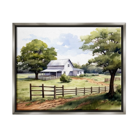 Stupell Industries Rural Cottage Painting Landscape Painting Gray Floater Framed Canvas Art Print Wall Art, 21 x 17
