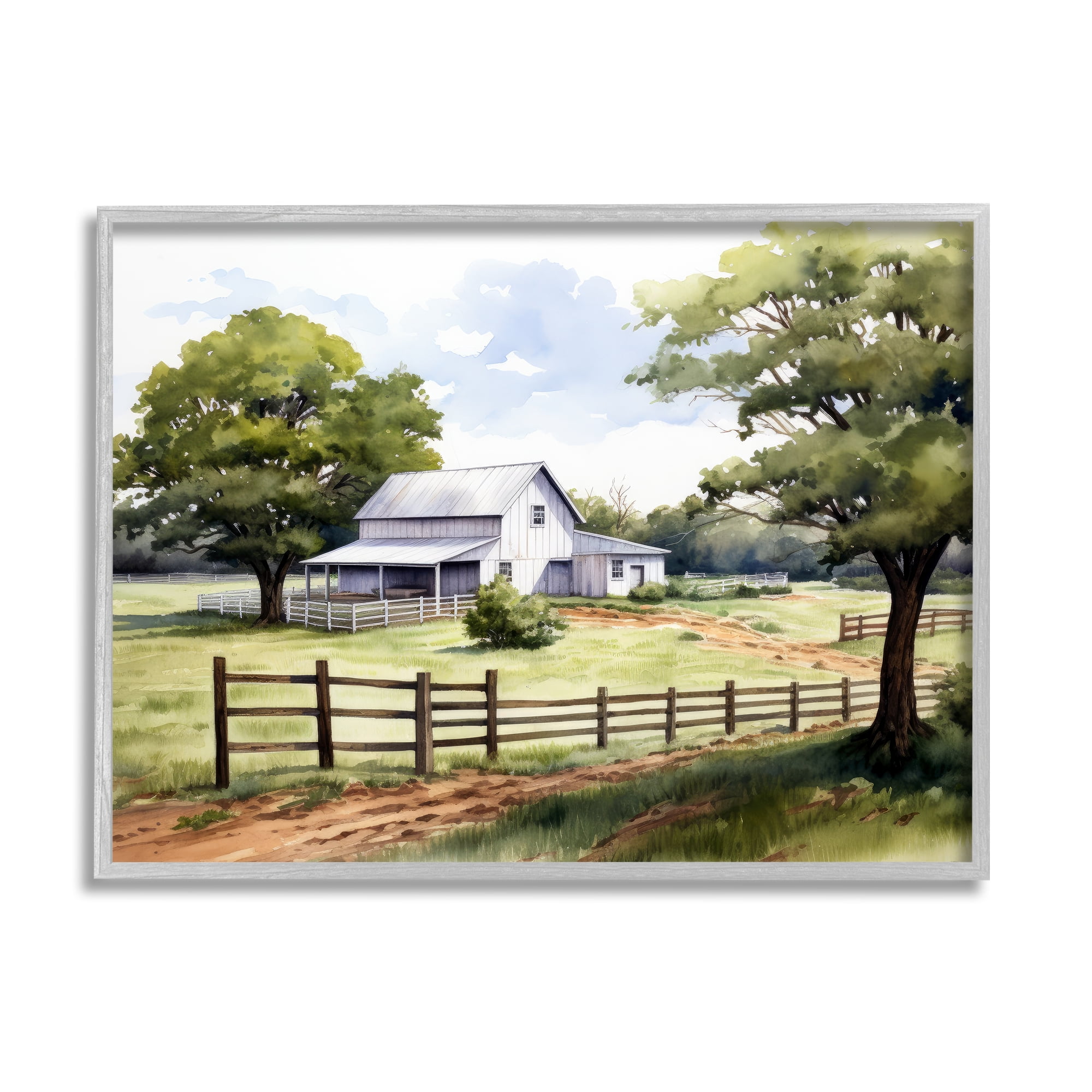Stupell Industries Rural Cottage Painting Landscape Painting Gray Framed Art Print Wall Art, 30 x 24