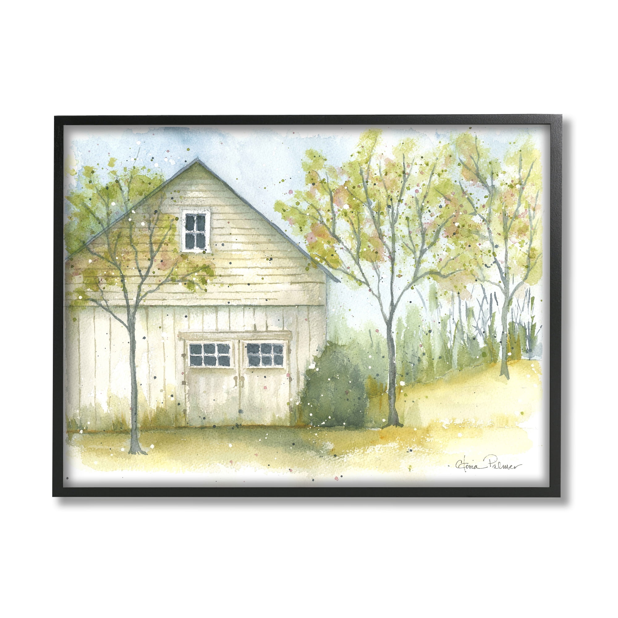 Stupell Industries Rural Cottage Watercolor Nature Painting Black Framed Art Print Wall Art, 14 x 11
