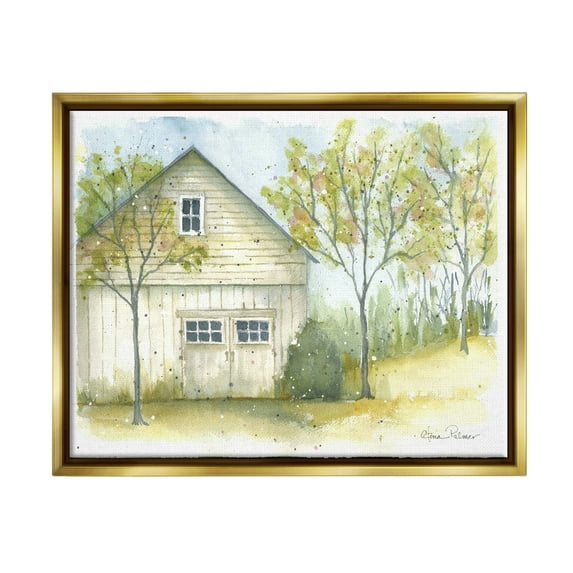 Stupell Industries Rural Cottage Watercolor Nature Painting Gold Floater Framed Art Print Wall Art, 21 x 17