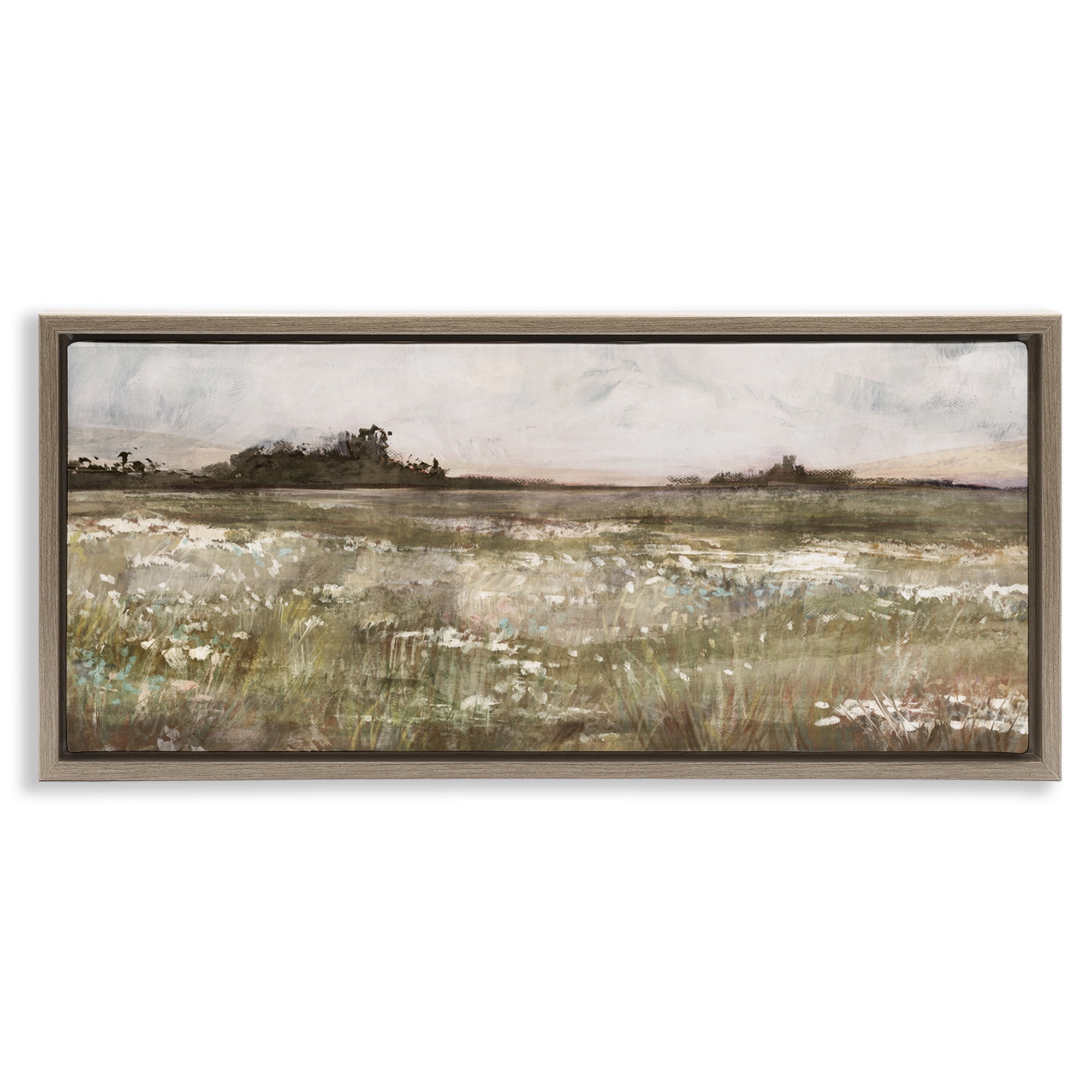 Stupell Industries Rural Country Meadow Landscape Painting Brown Floater Framed Canvas Art Print Wall Art, 25 x 11