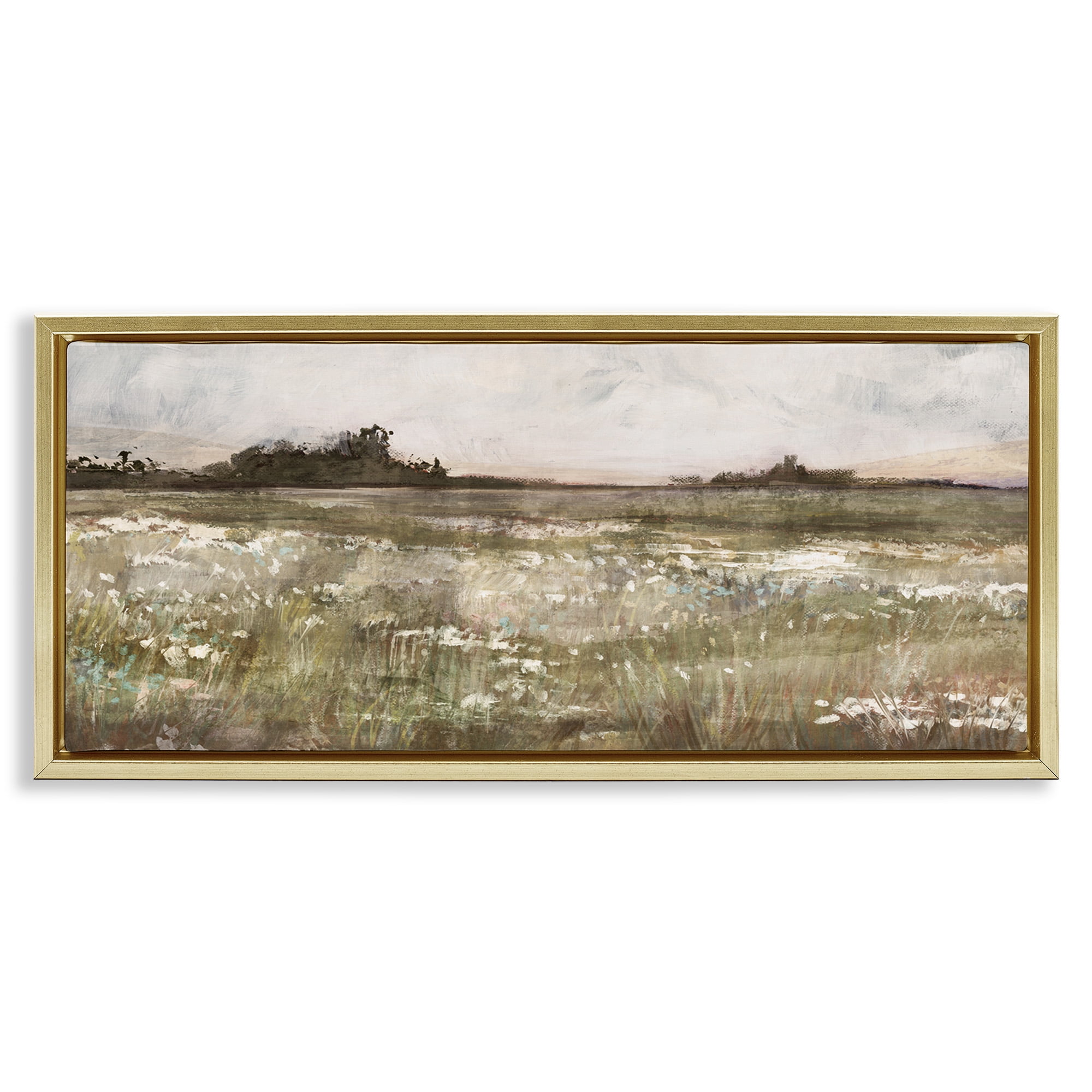 Stupell Industries Rural Country Meadow Landscape Painting Gold Floater Framed Canvas Art Print Wall Art, 31 x 14