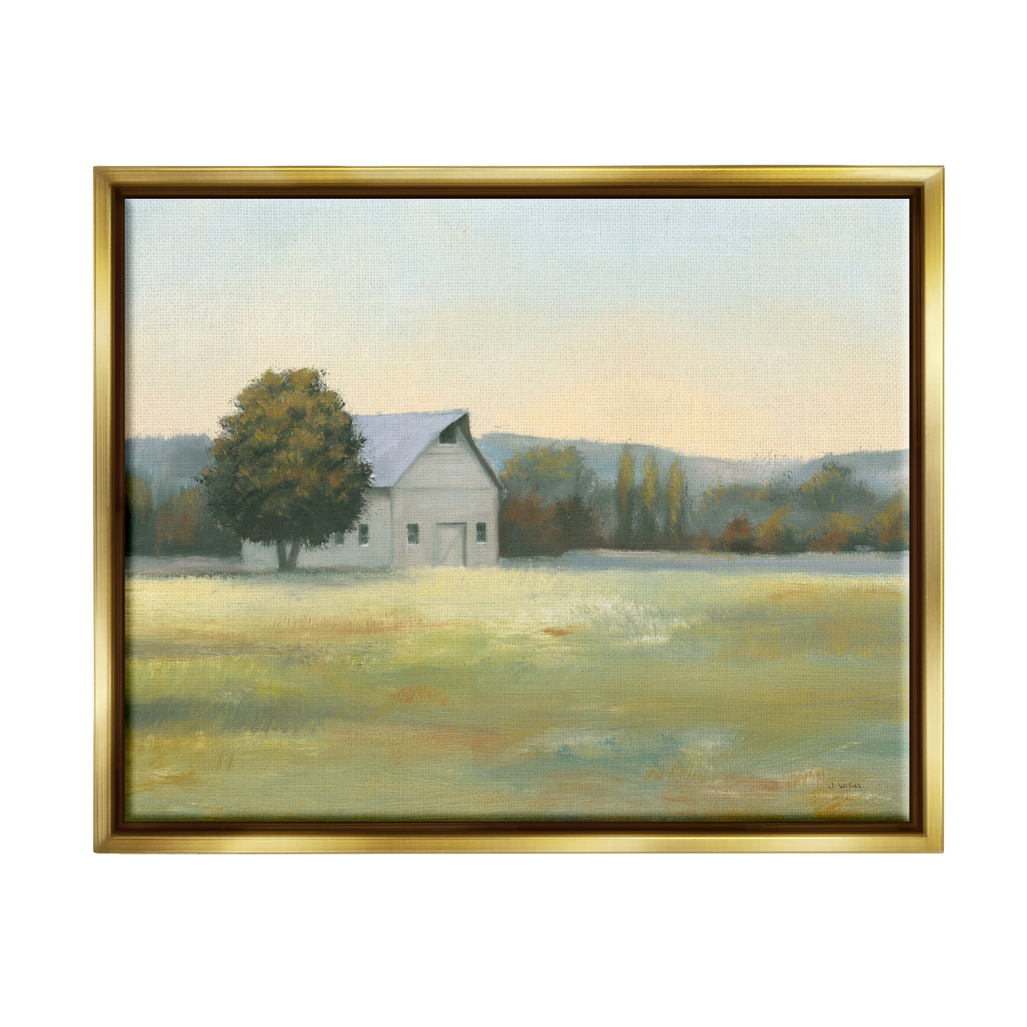 Stupell Industries Rural Countryside Cottage Nature Painting Gold Floater Framed Art Print Wall Art, 31 x 25