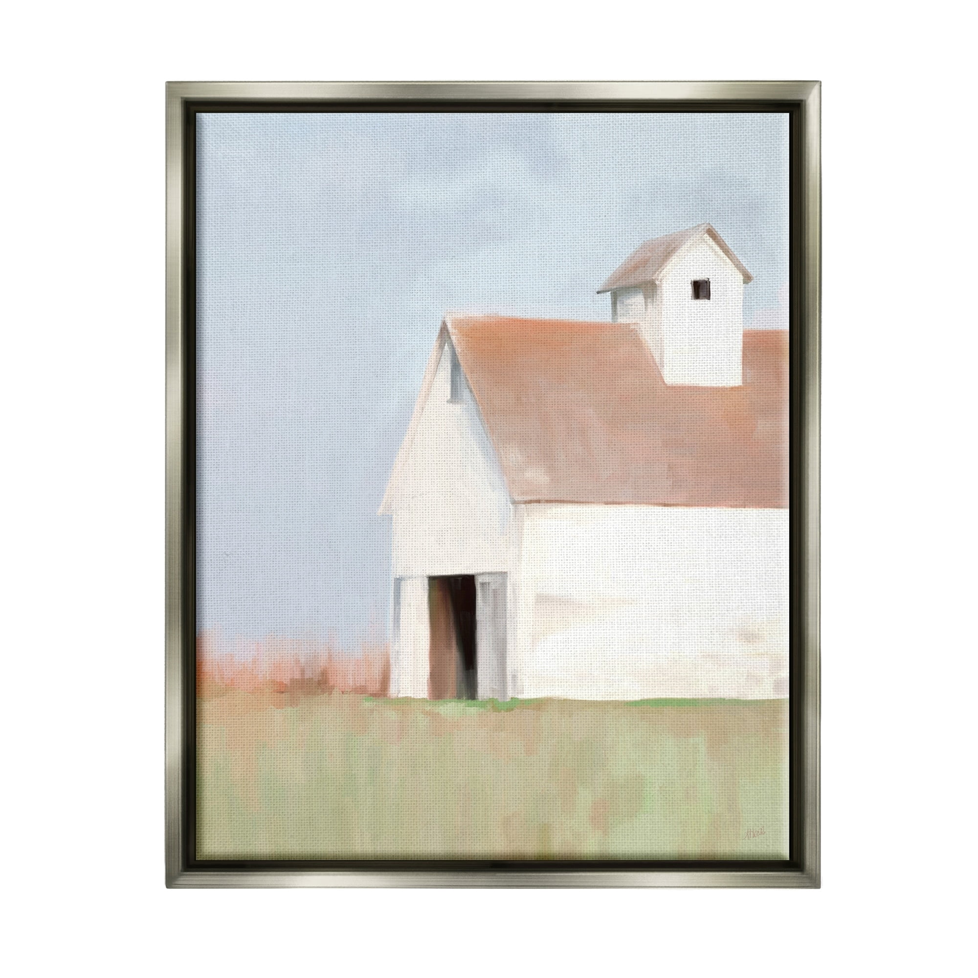 Stupell Industries Rural Countryside Field Casual White Barn House Painting Luster Gray Floating Framed Canvas Print Wall Art, Design by Amy Hall