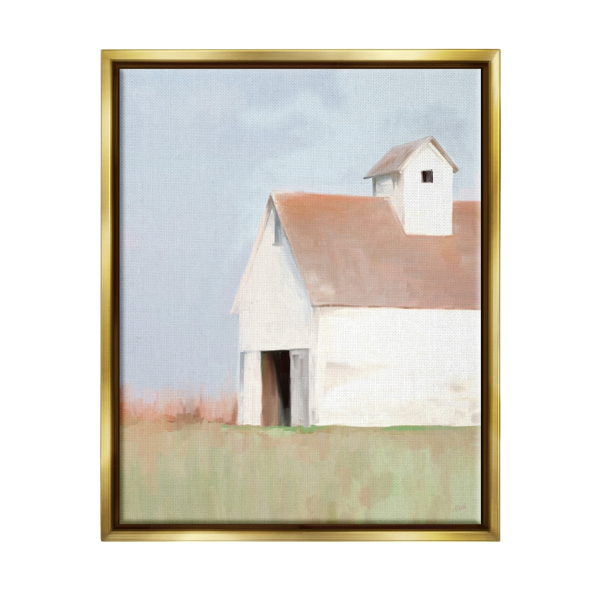 Stupell Industries Rural Countryside Field Casual White Barn House Painting Metallic Gold Floating Framed Canvas Print Wall Art, Design by Amy Hall