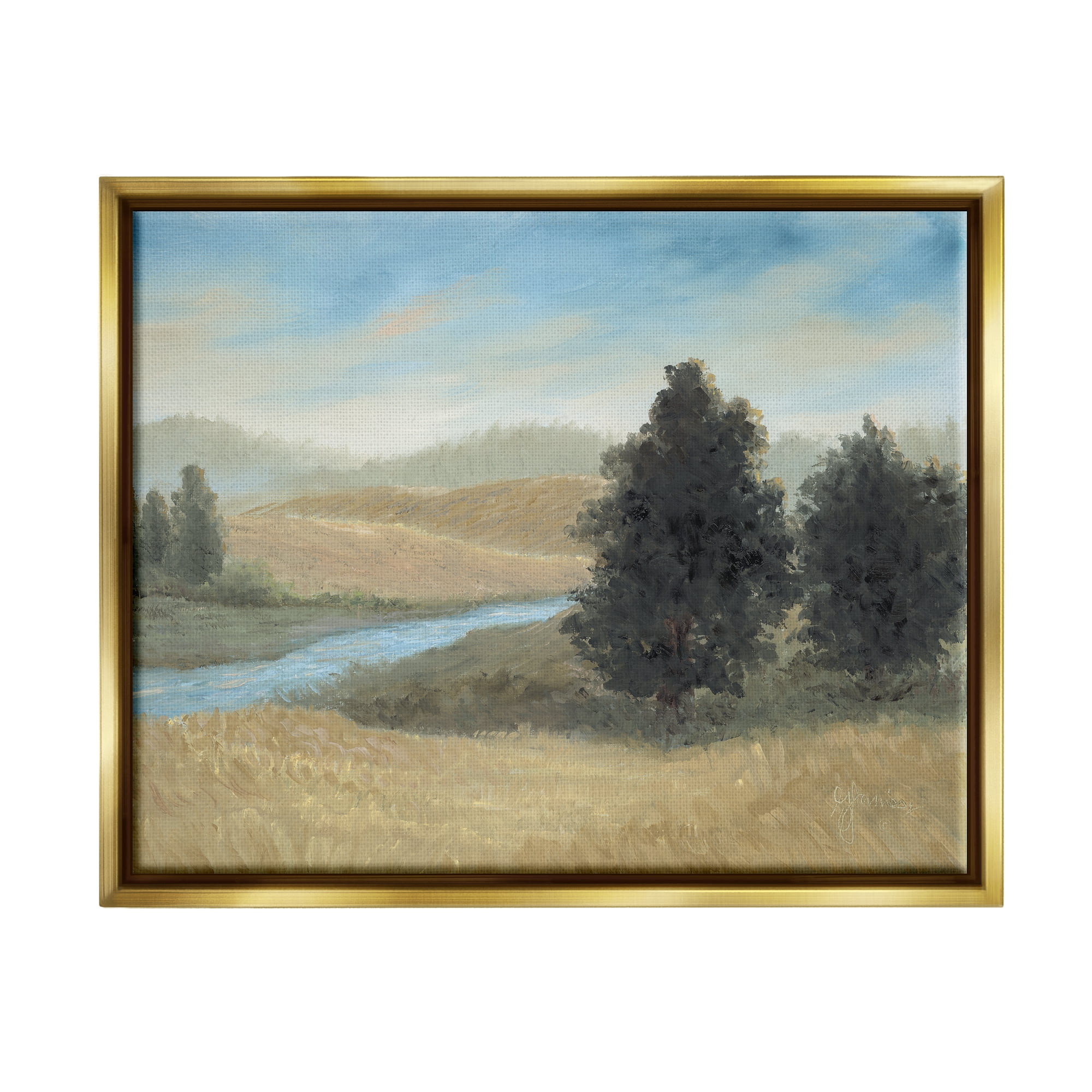 Stupell Industries Rural Creek Landscape Landscape Painting Gold Floater Framed Canvas Art Print Wall Art, 21 x 17