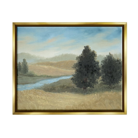Stupell Industries Rural Creek Landscape Landscape Painting Gold Floater Framed Canvas Art Print Wall Art, 31 x 25
