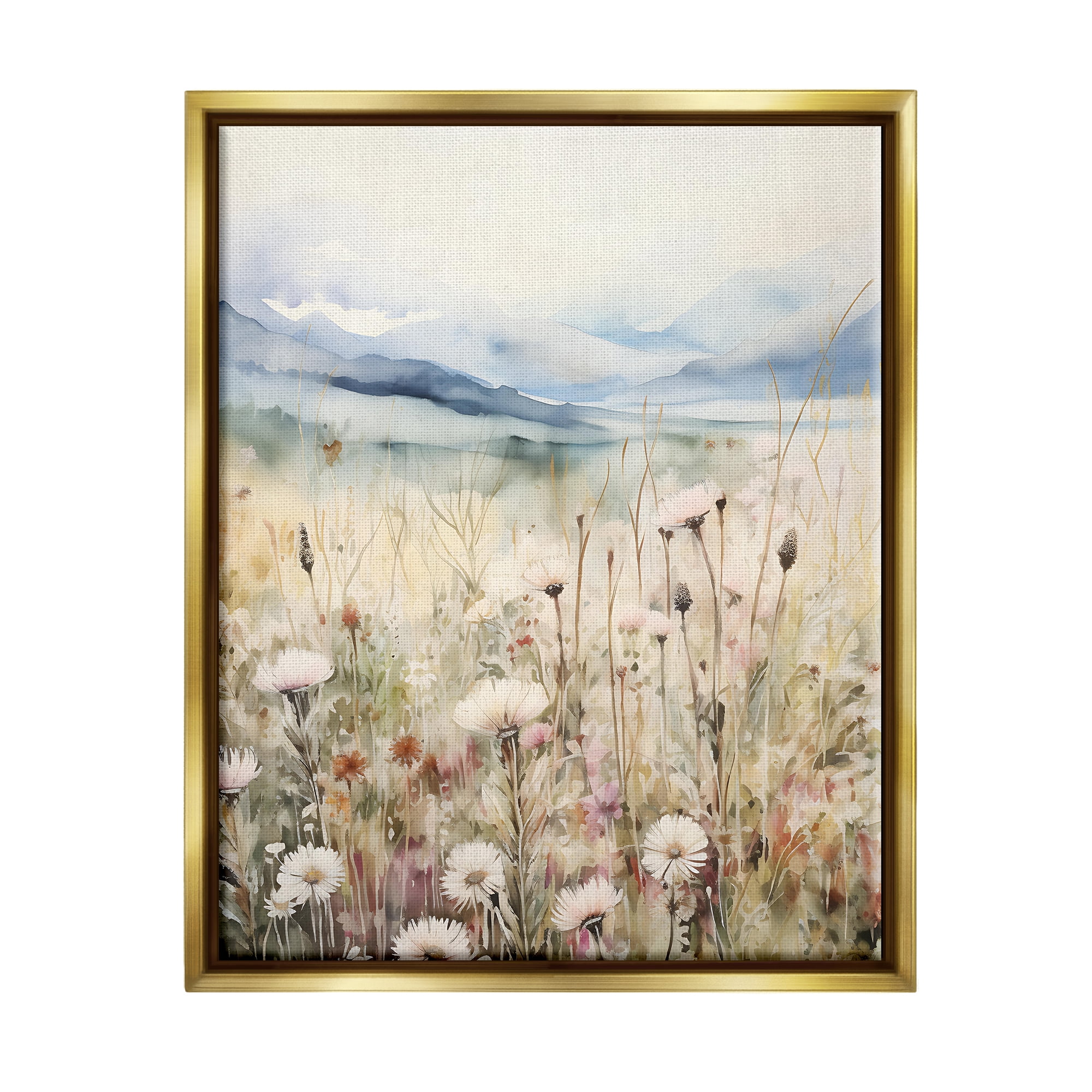 Stupell Industries Rural Daisy Field Meadow Landscape Painting Gold Floater Framed Canvas Art Print Wall Art, 25 x 31