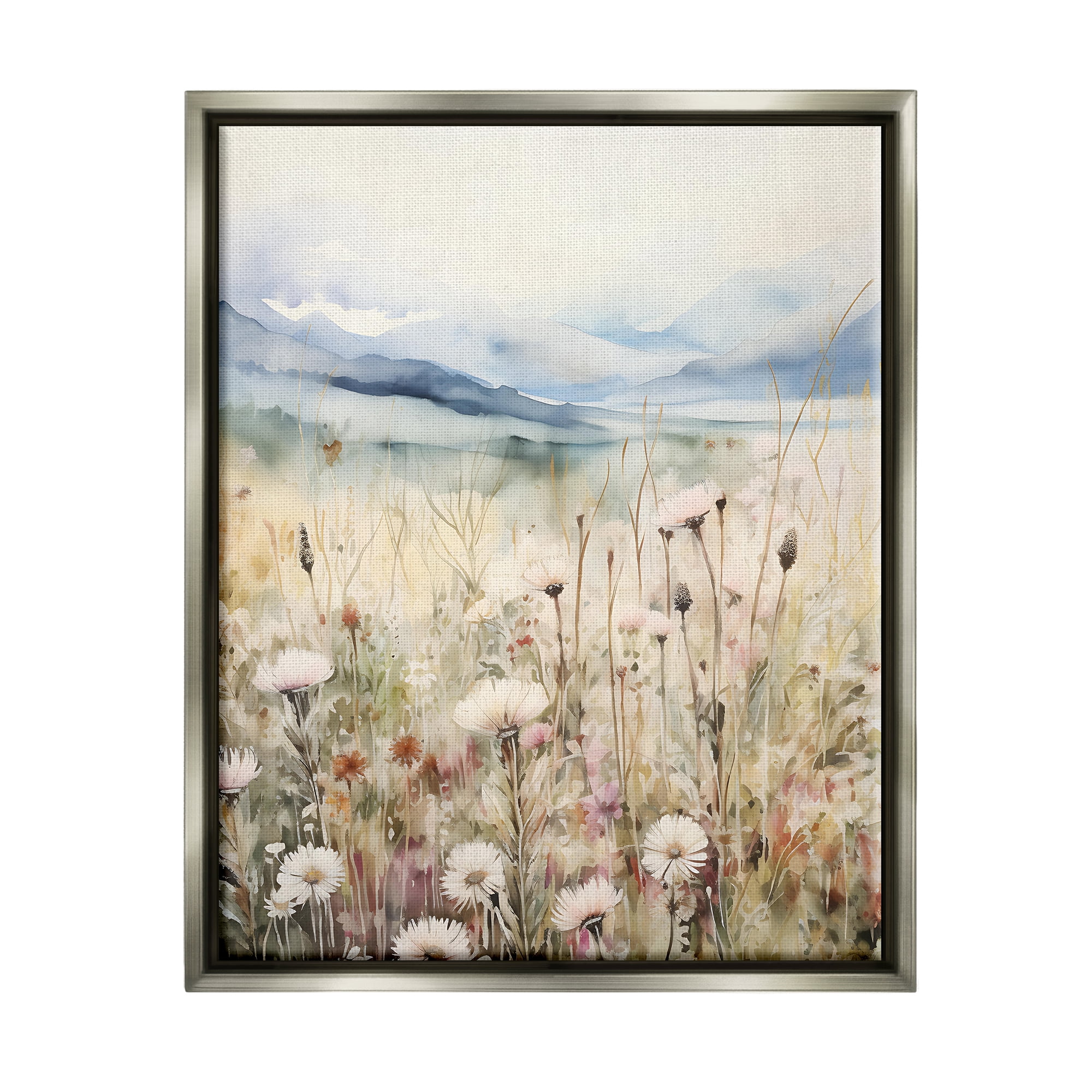 Stupell Industries Rural Daisy Field Meadow Landscape Painting Gray Floater Framed Canvas Art Print Wall Art, 17 x 21
