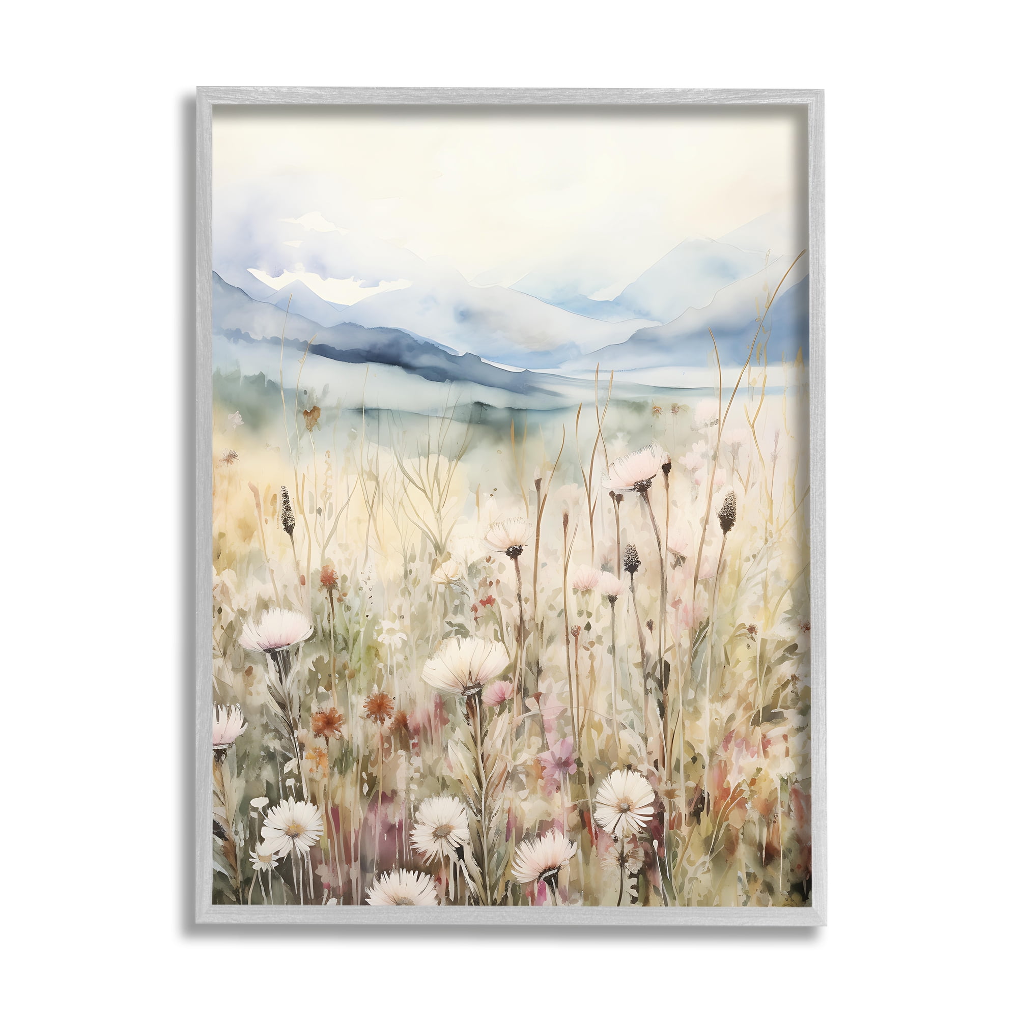 Stupell Industries Rural Daisy Field Meadow Landscape Painting Gray Framed Art Print Wall Art, 11 x 14