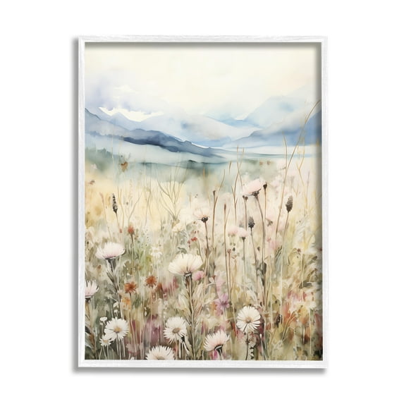 Stupell Industries Rural Daisy Field Meadow Landscape Painting White Framed Art Print Wall Art, 11 x 14