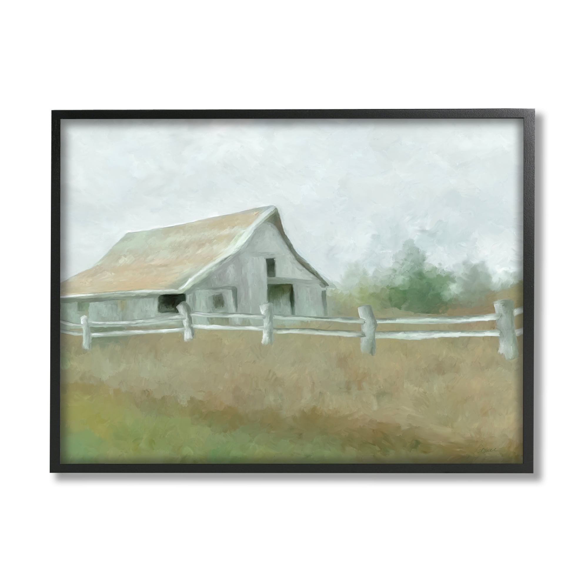 Stupell Industries Rural Farmland Fence Nature Painting Black Framed Art Print Wall Art, 20 x 16