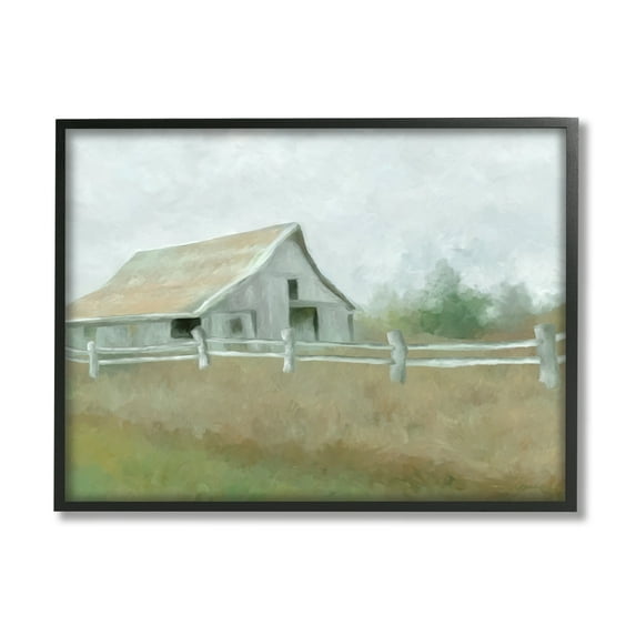 Stupell Industries Rural Farmland Fence Nature Painting Black Framed Art Print Wall Art, 30 x 24