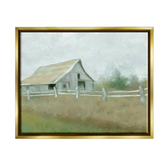 Stupell Industries Rural Farmland Fence Nature Painting Gold Floater Framed Art Print Wall Art, 21 x 17