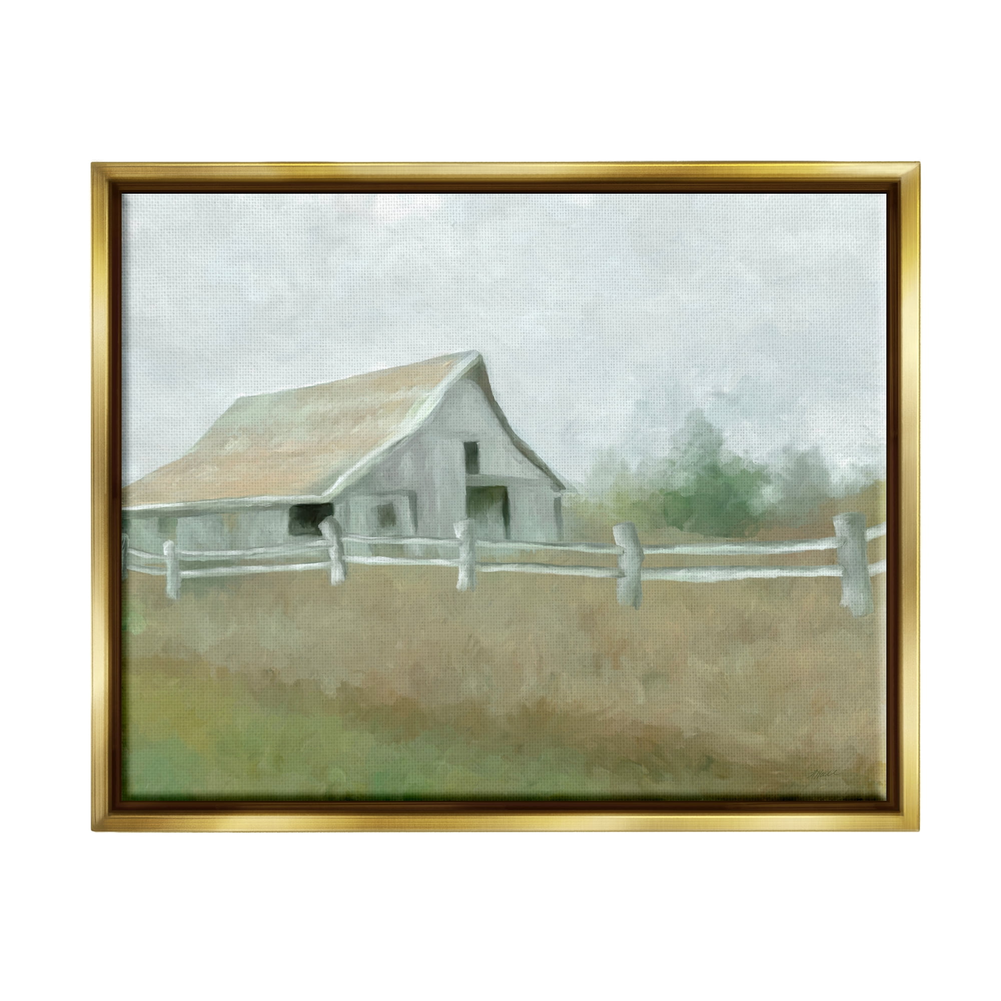 Stupell Industries Rural Farmland Fence Nature Painting Gold Floater Framed Art Print Wall Art, 31 x 25