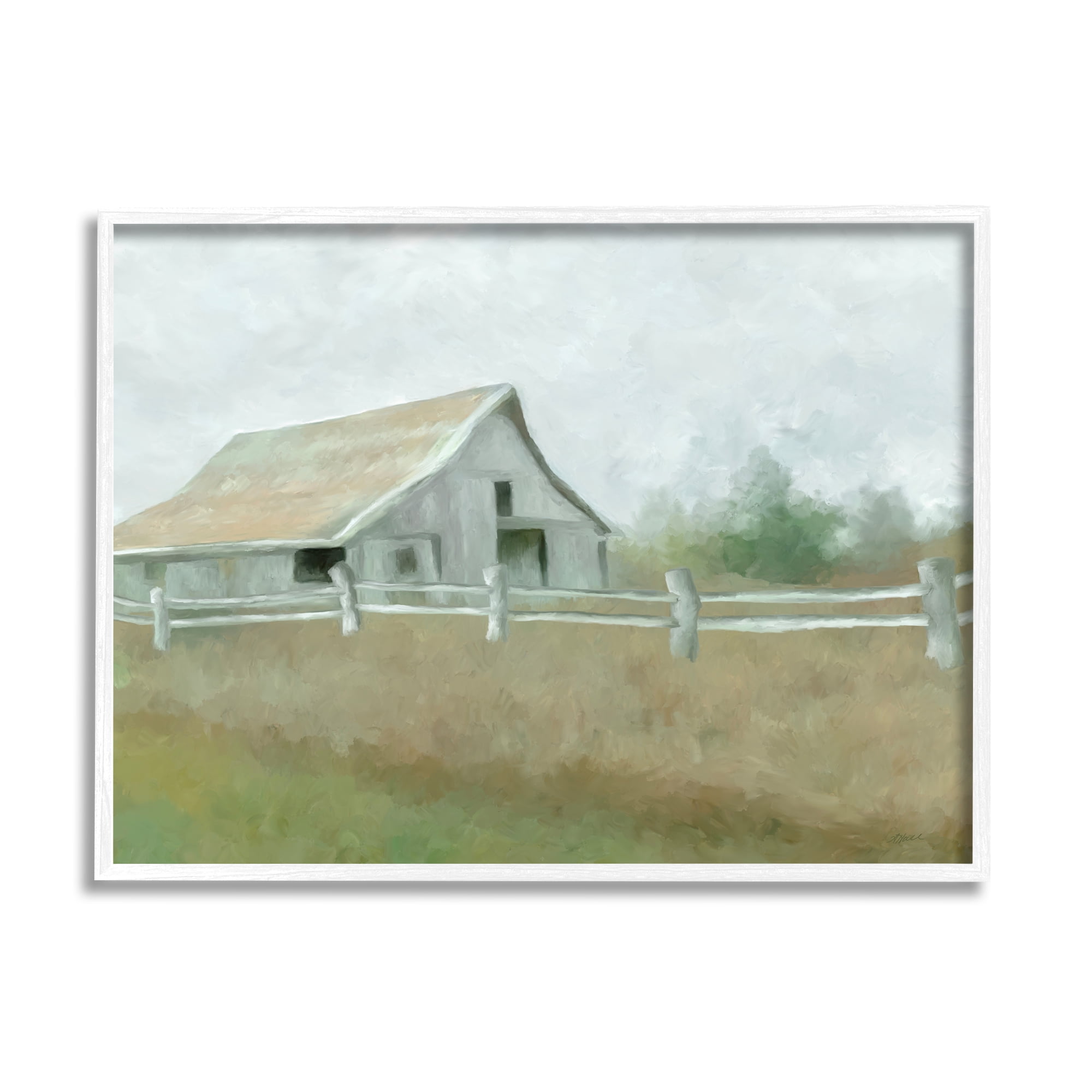 Stupell Industries Rural Farmland Fence Nature Painting White Framed Art Print Wall Art, 20 x 16