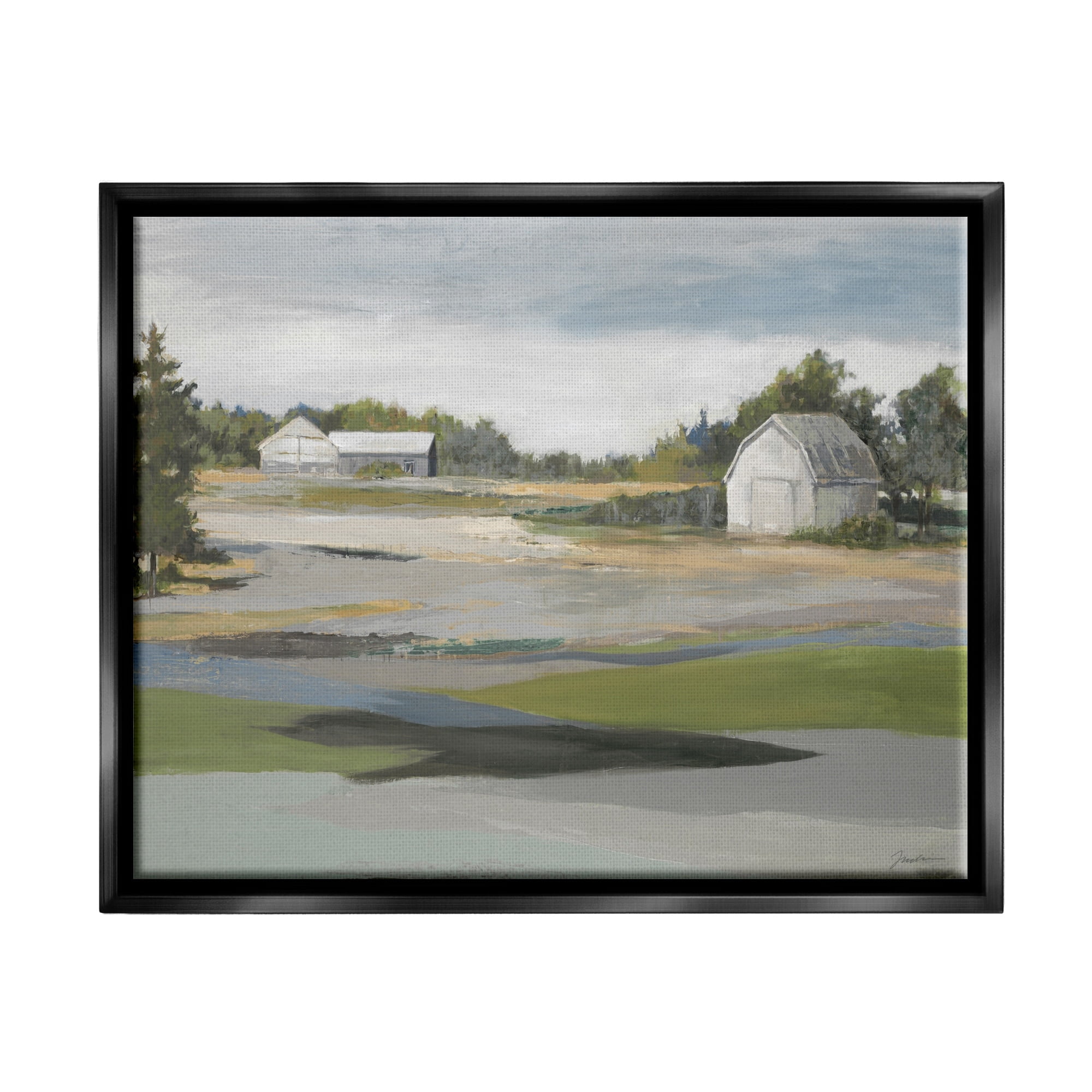 Stupell Industries Rural Farmland Vast Country Barn Agricultural Field Painting Jet Black Floating Framed Canvas Print Wall Art, Design by Liz Jardine