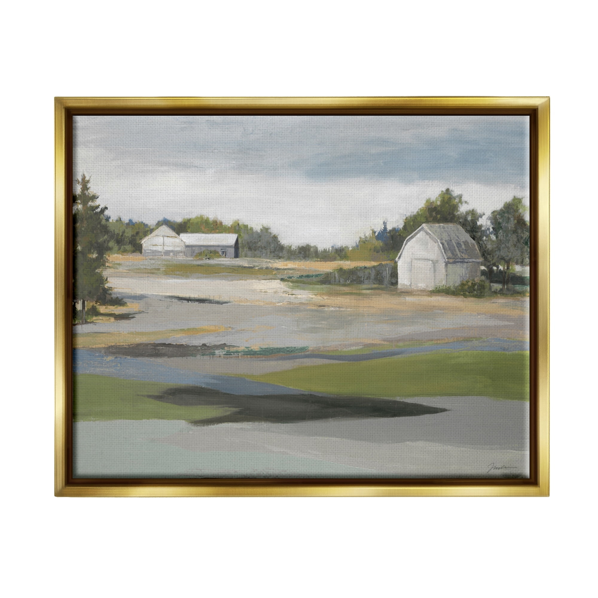Stupell Industries Rural Farmland Vast Country Barn Agricultural Field Painting Metallic Gold Floating Framed Canvas Print Wall Art, Design by Liz Jardine