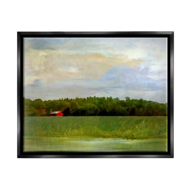 Stupell Industries Rural Field Red Cabin Landscape Landscape Painting Black Floater Framed Art Print Wall Art