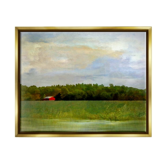 Stupell Industries Rural Field Red Cabin Landscape Landscape Painting Gold Floater Framed Art Print Wall Art