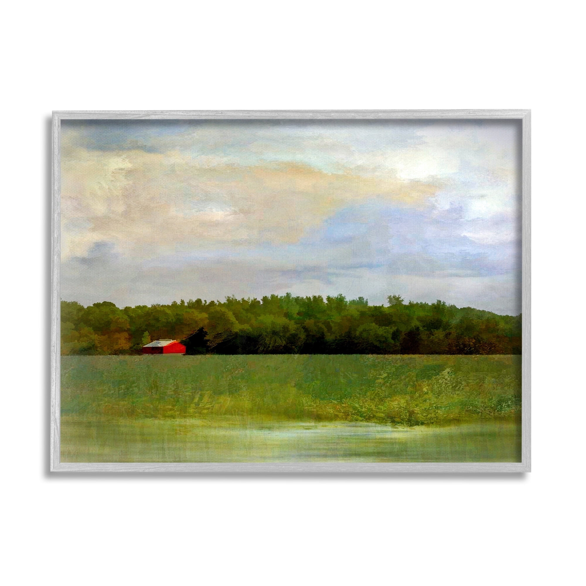 Stupell Industries Rural Field Red Cabin Landscape Landscape Painting Gray Framed Art Print Wall Art
