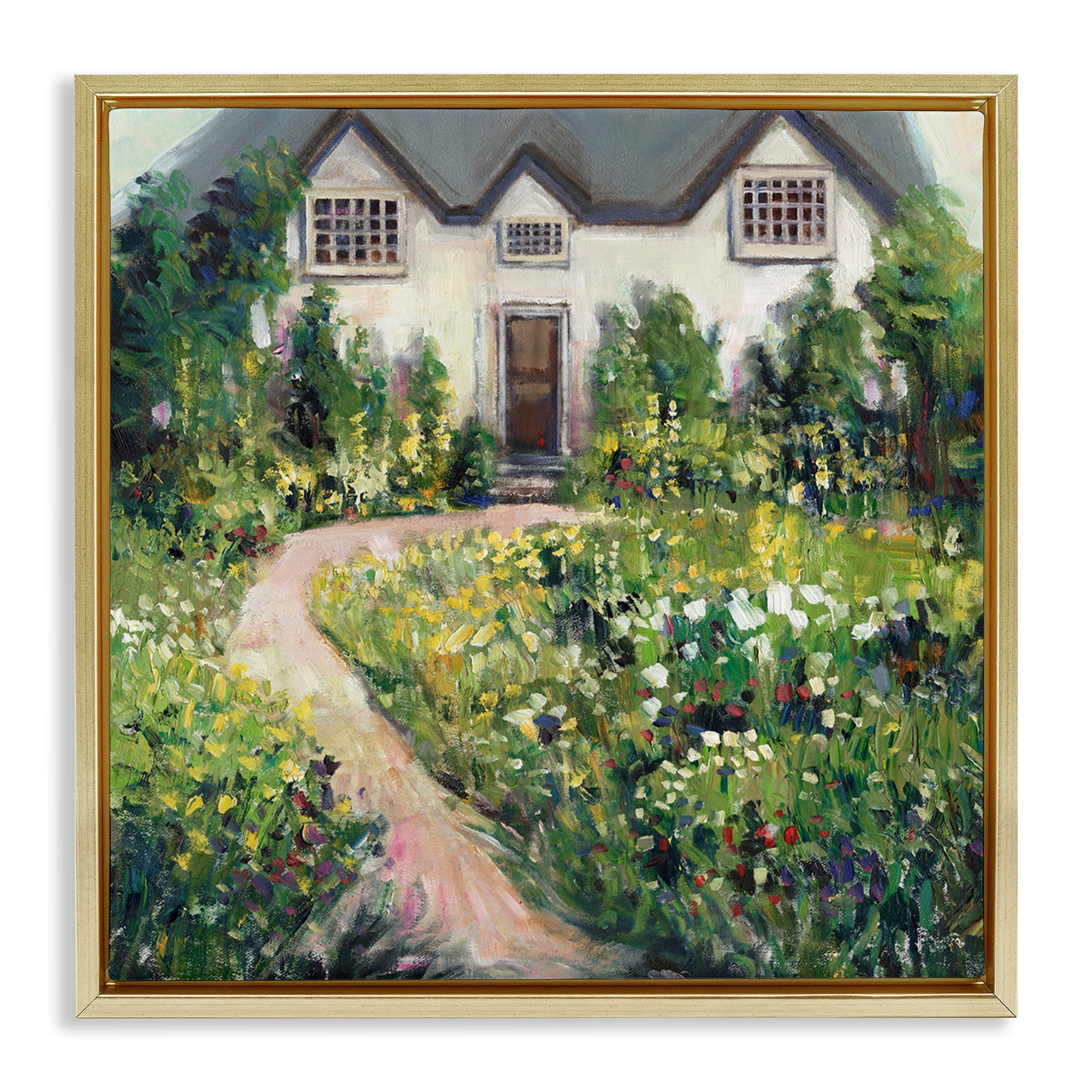 Stupell Industries Rural Floral Cottage Garden Blooms Travel & Places Painting Gold Floater Framed Canvas Art Print Wall Art, 18 x 18