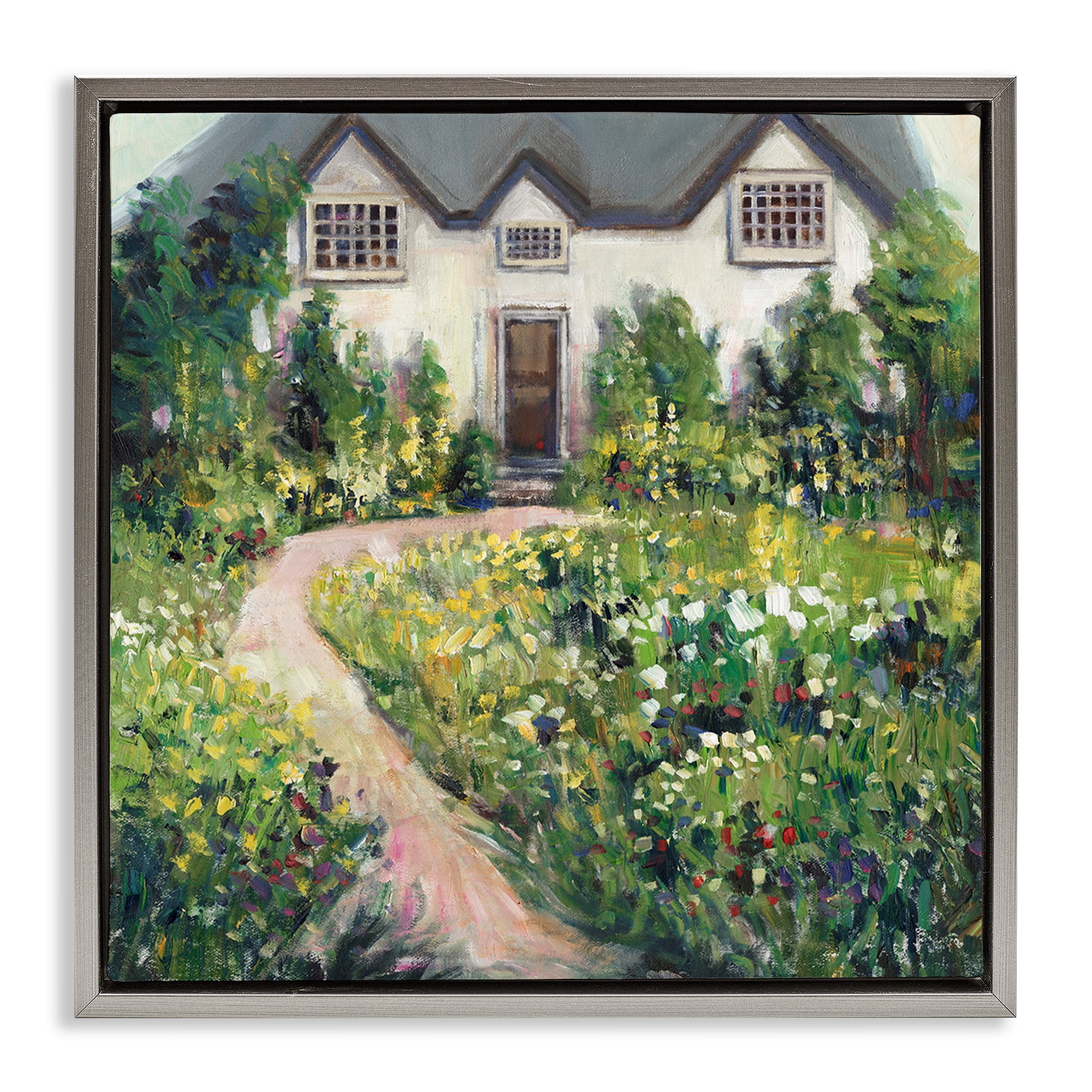 Stupell Industries Rural Floral Cottage Garden Blooms Travel & Places Painting Gray Floater Framed Canvas Art Print Wall Art, 18 x 18