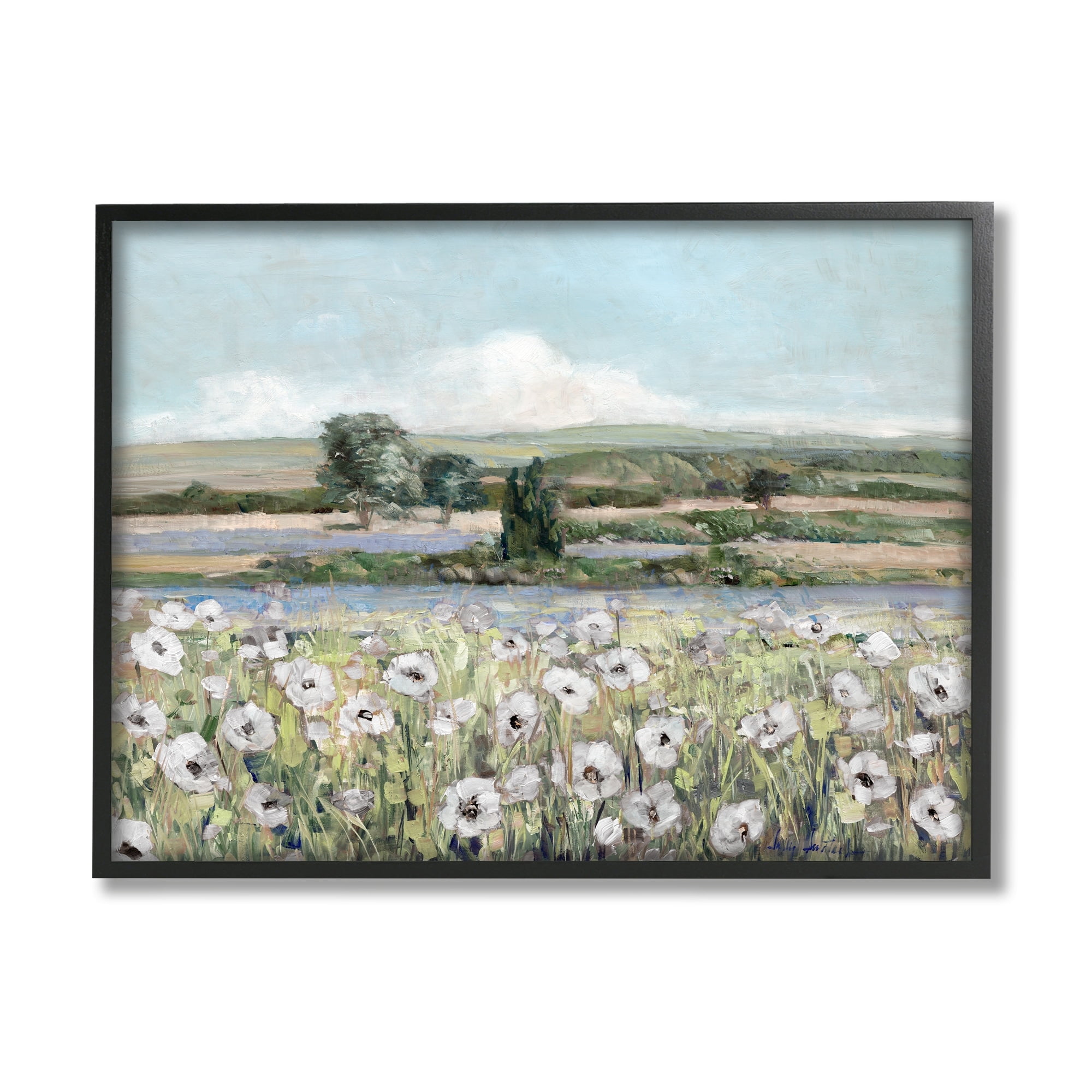 Stupell Industries Rural Flower Meadow Countryside Flowing Streams View Painting Black Framed Art Print Wall Art, Design by Sally Swatland
