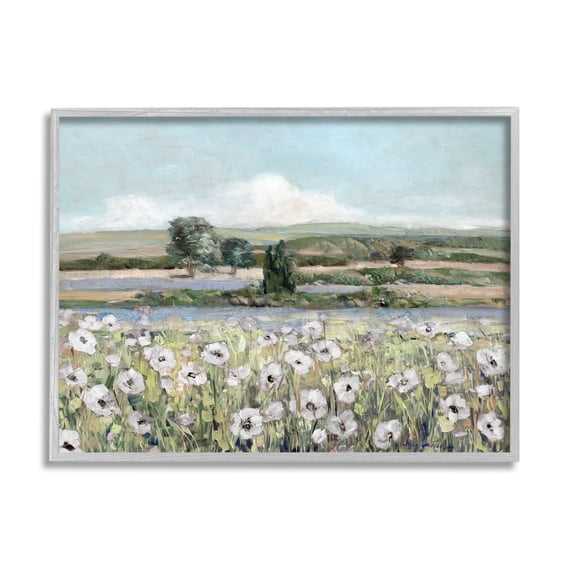 Stupell Industries Rural Flower Meadow Countryside Flowing Streams View Painting Gray Framed Art Print Wall Art, Design by Sally Swatland