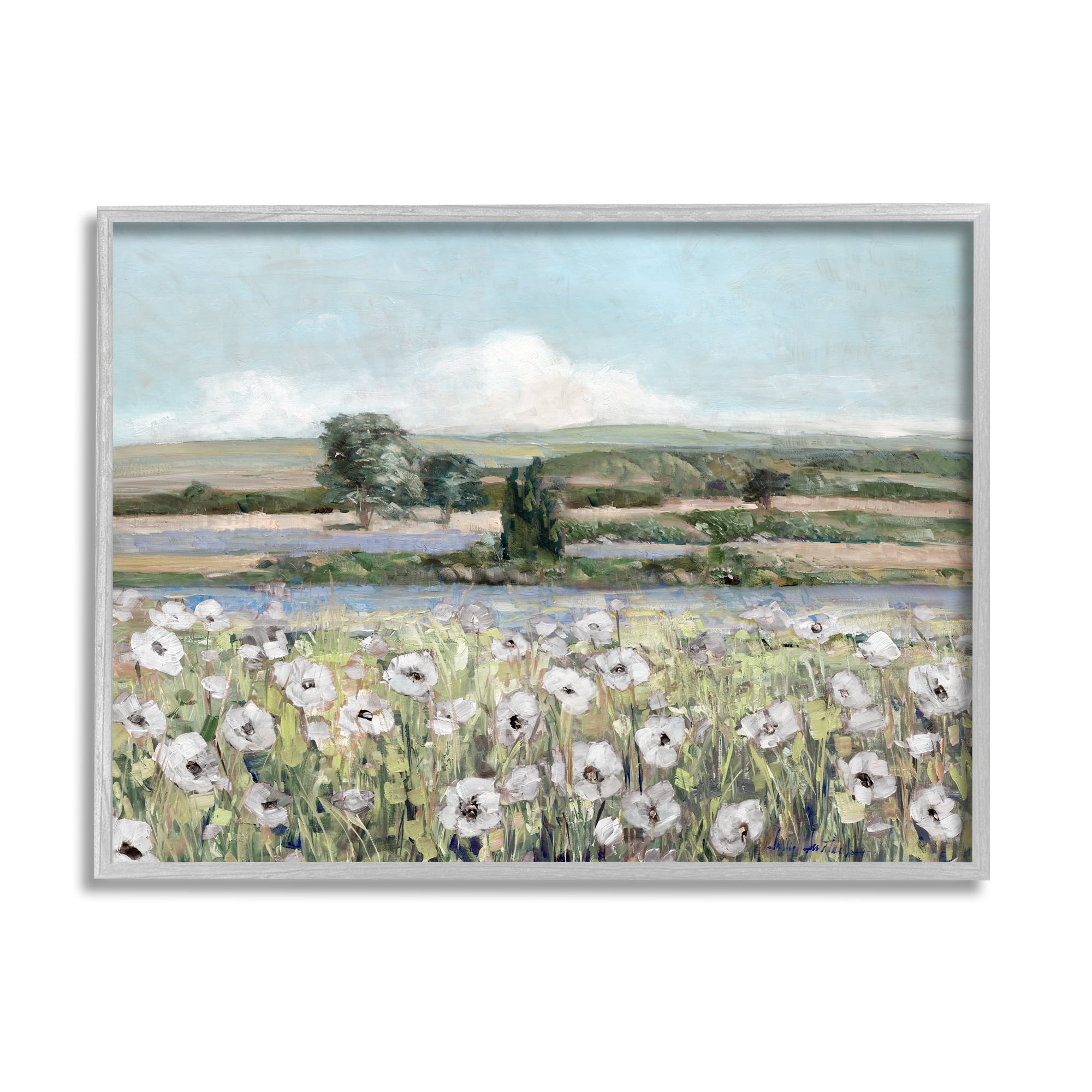 Stupell Industries Rural Flower Meadow Countryside Flowing Streams View Painting Gray Framed Art Print Wall Art, Design by Sally Swatland