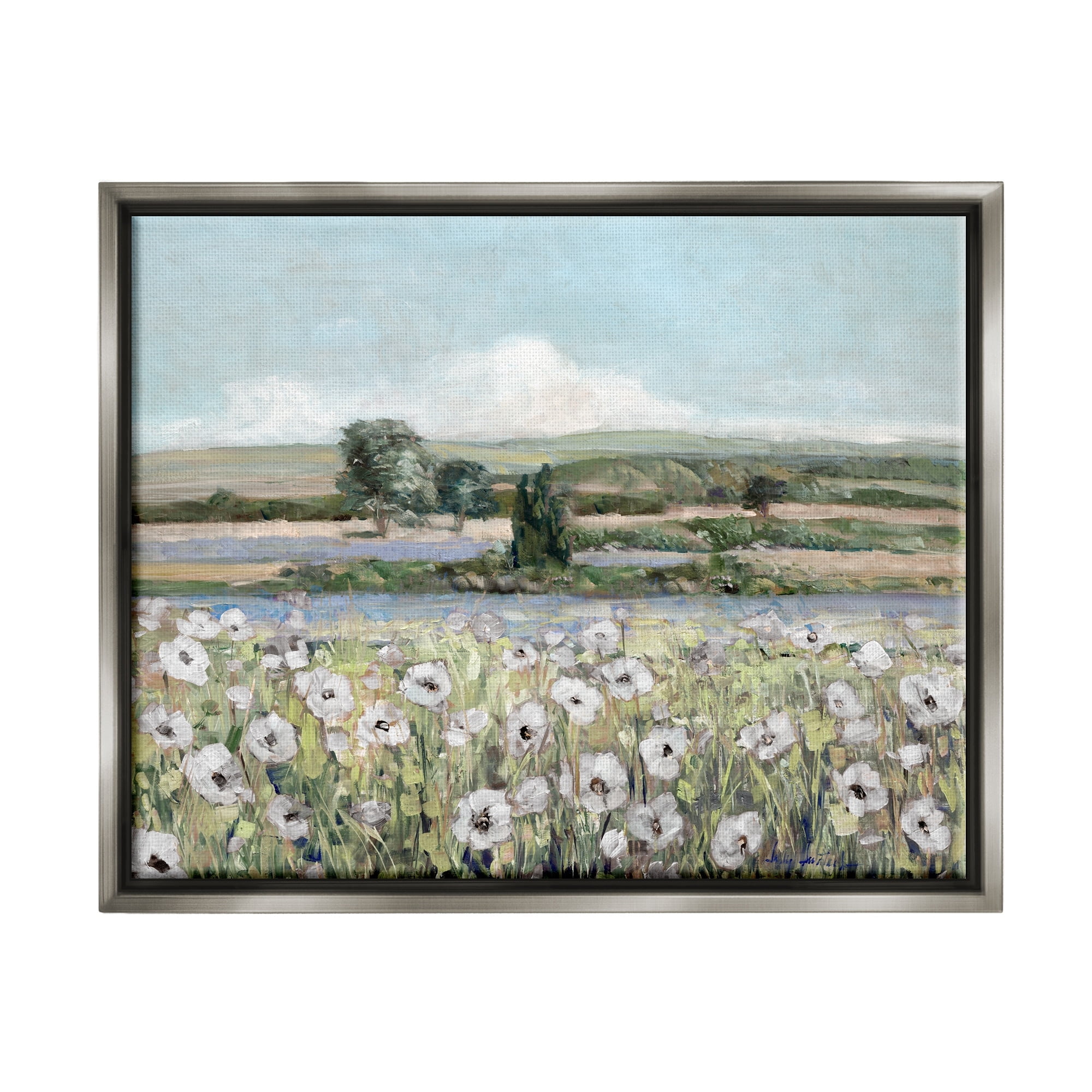 Stupell Industries Rural Flower Meadow Countryside Flowing Streams View Painting Luster Gray Floating Framed Canvas Print Wall Art, Design by Sally Swatland