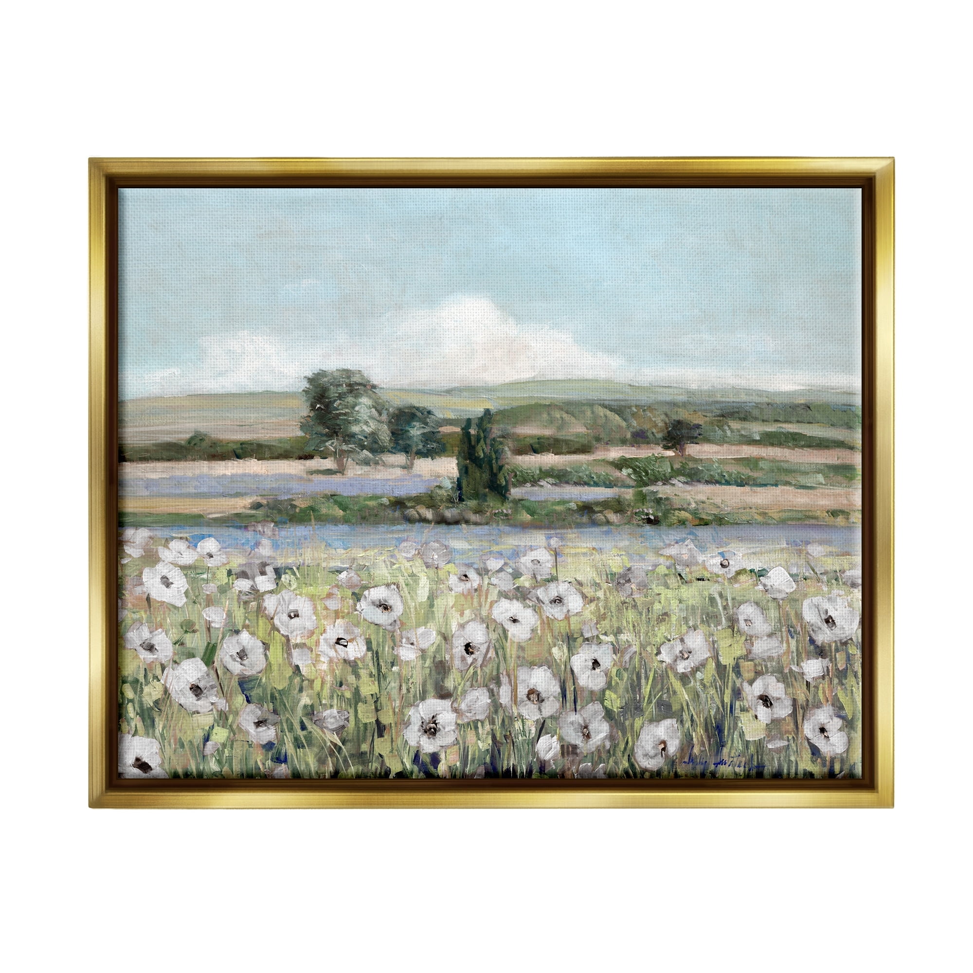 Stupell Industries Rural Flower Meadow Countryside Flowing Streams View Painting Metallic Gold Floating Framed Canvas Print Wall Art, Design by Sally Swatland