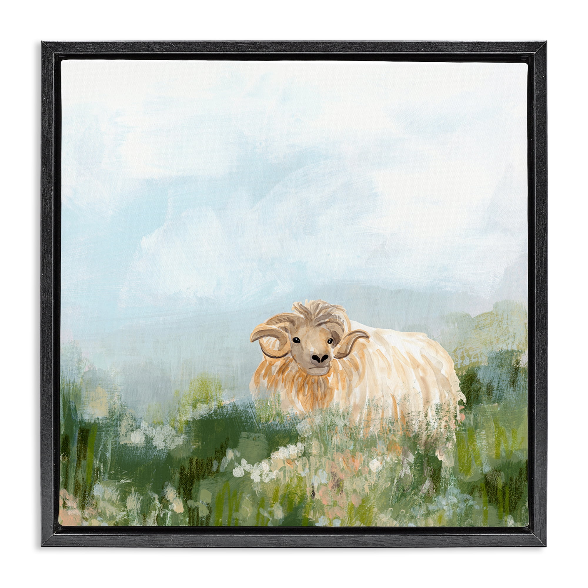 Stupell Industries Rural Goat in Meadow Animals & Insects Painting Black Floater Framed Canvas Art Print Wall Art, 18 x 18