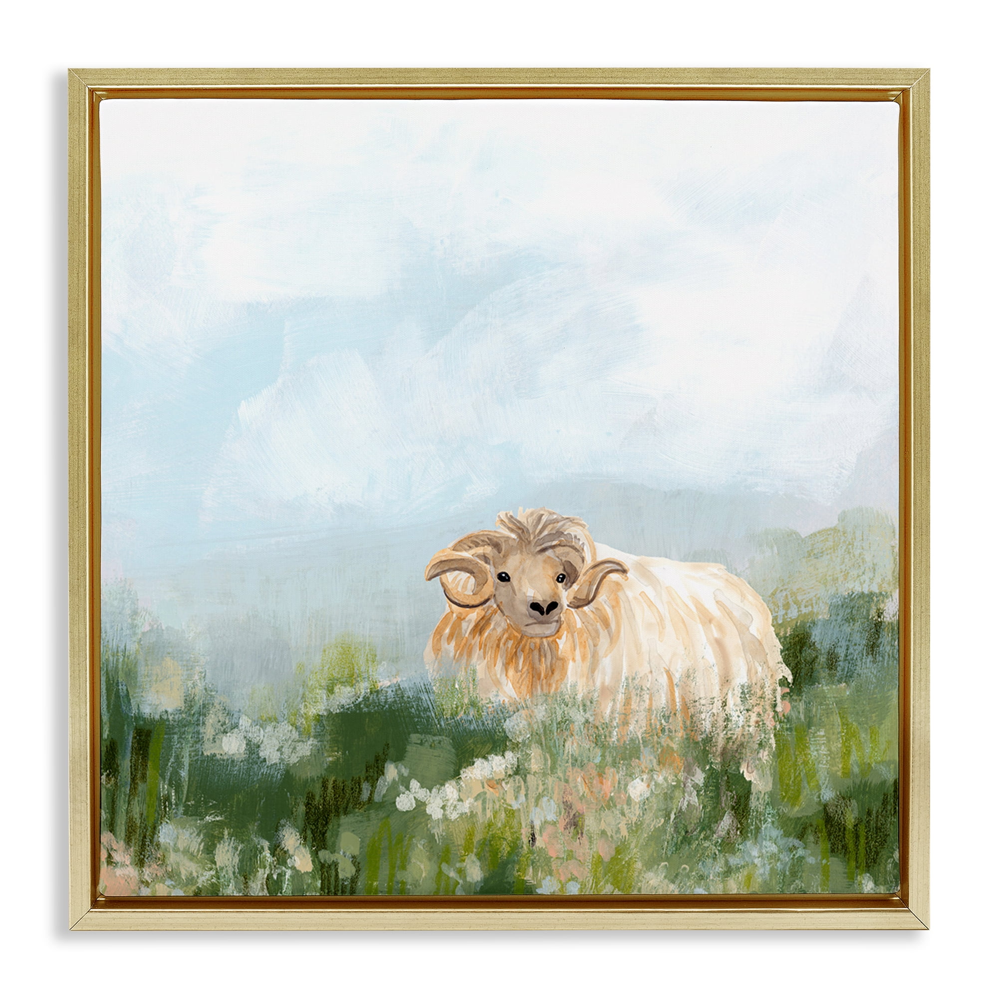 Stupell Industries Rural Goat in Meadow Animals & Insects Painting Gold Floater Framed Canvas Art Print Wall Art, 25 x 25