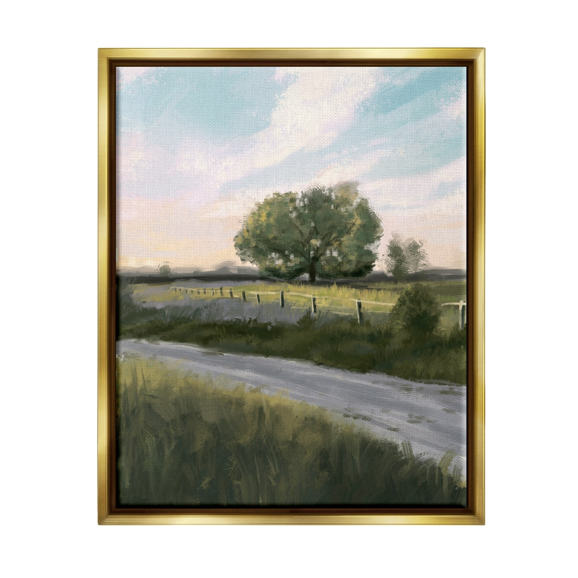 Stupell Industries Rural Grasslands Lone Country Tree Clear Sky Painting Metallic Gold Floating Framed Canvas Print Wall Art, Design by Ziwei Li