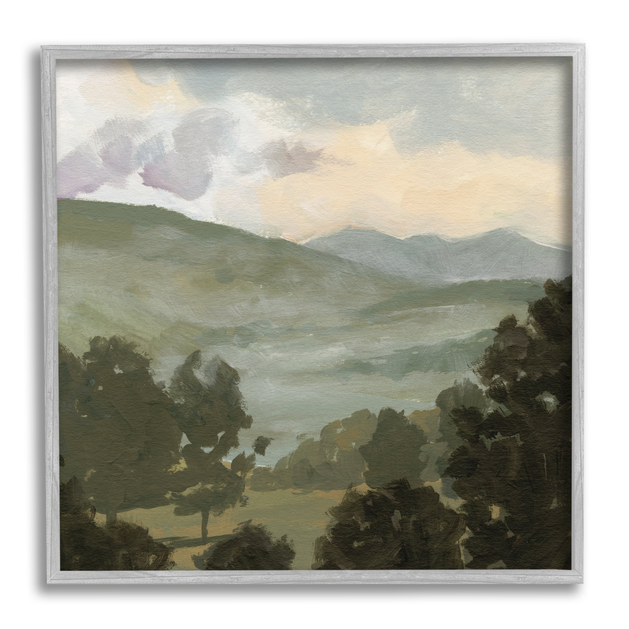 Stupell Industries Rural Green Landscape Nature Painting Gray Framed Art Print Wall Art, 12 x 12