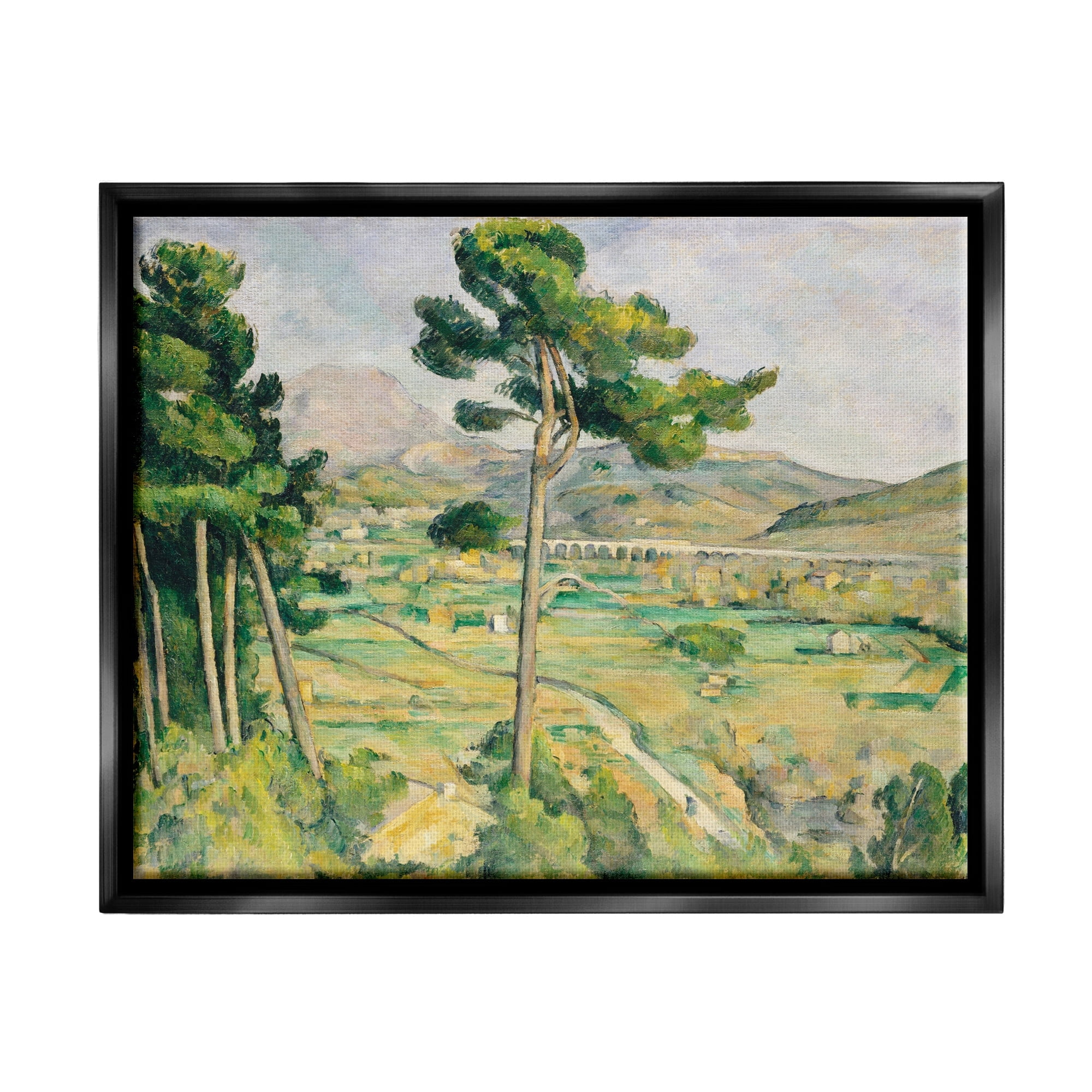 Stupell Industries Rural Green Scenery Distant Bridge Mountain Trees Painting Jet Black Floating Framed Canvas Print Wall Art, Design by Lettered and Lined