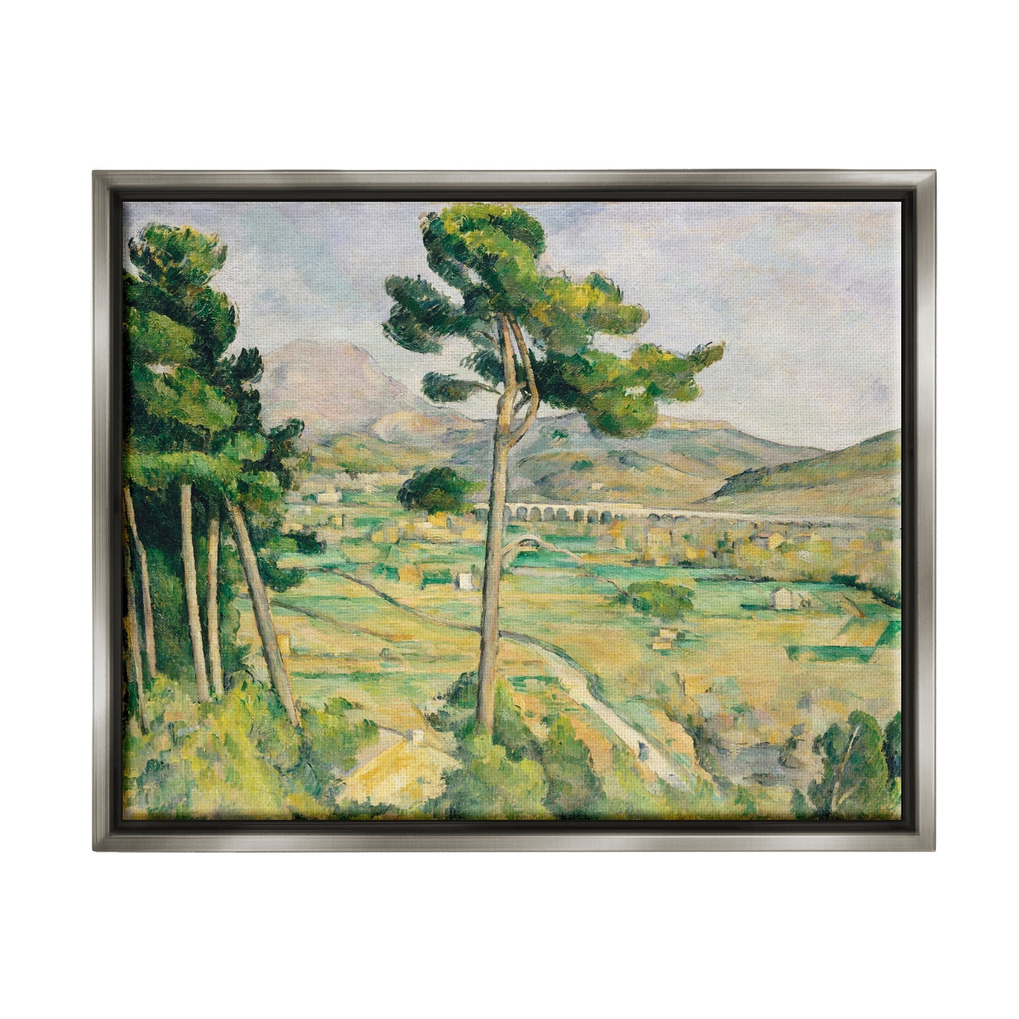 Stupell Industries Rural Green Scenery Distant Bridge Mountain Trees Painting Luster Gray Floating Framed Canvas Print Wall Art, Design by Lettered and Lined