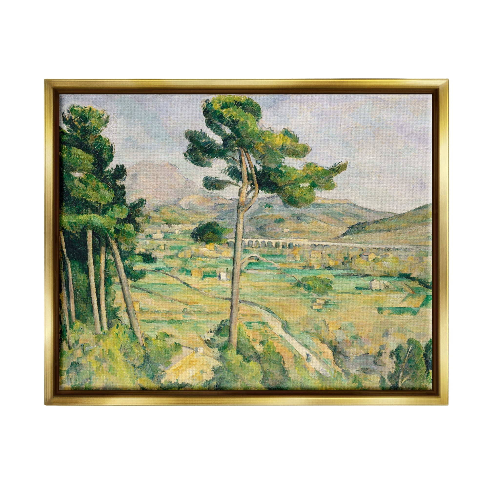 Stupell Industries Rural Green Scenery Distant Bridge Mountain Trees Painting Metallic Gold Floating Framed Canvas Print Wall Art, Design by Lettered and Lined