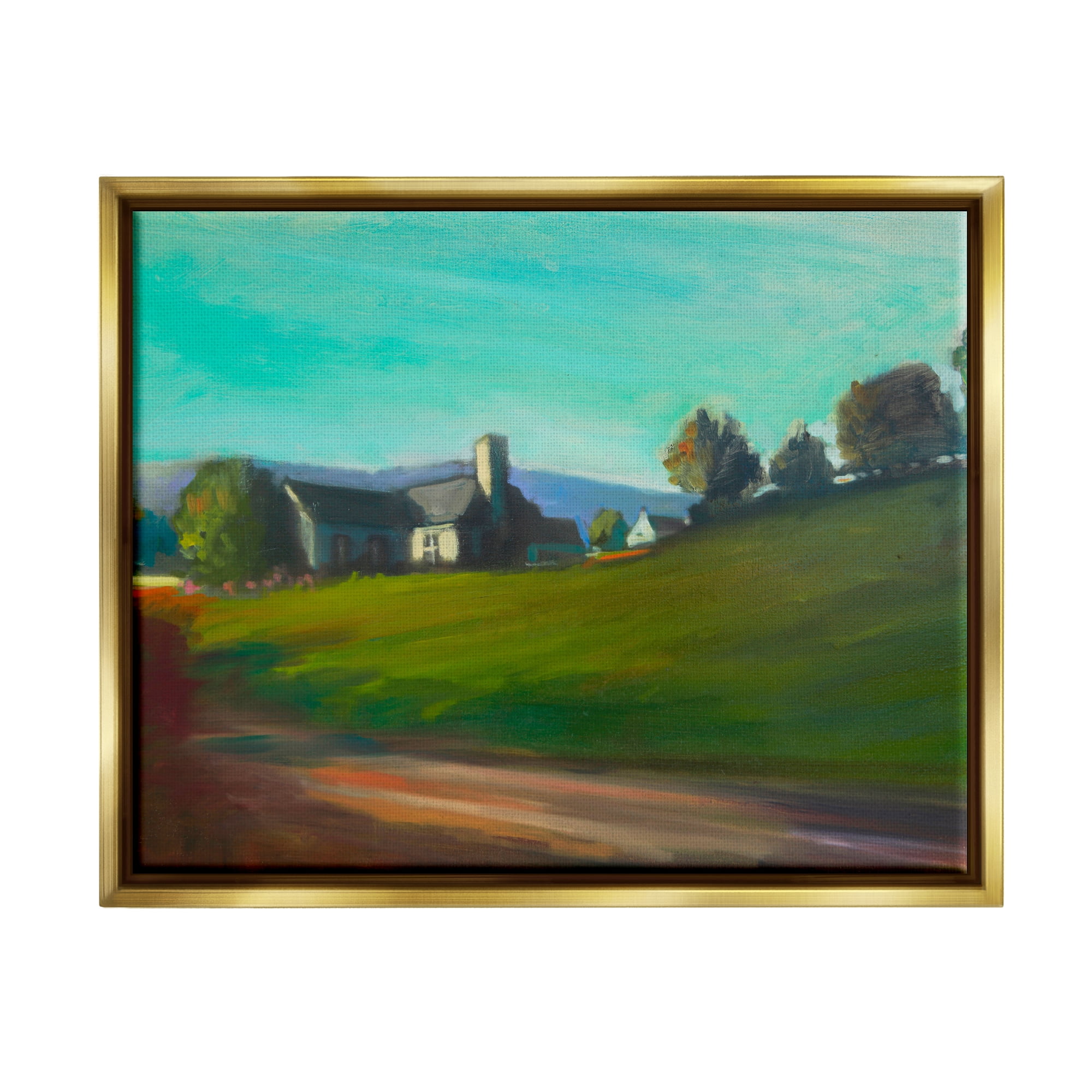 Stupell Industries Rural House Landscape Nature Painting Gold Floater Framed Art Print Wall Art, 21 x 17