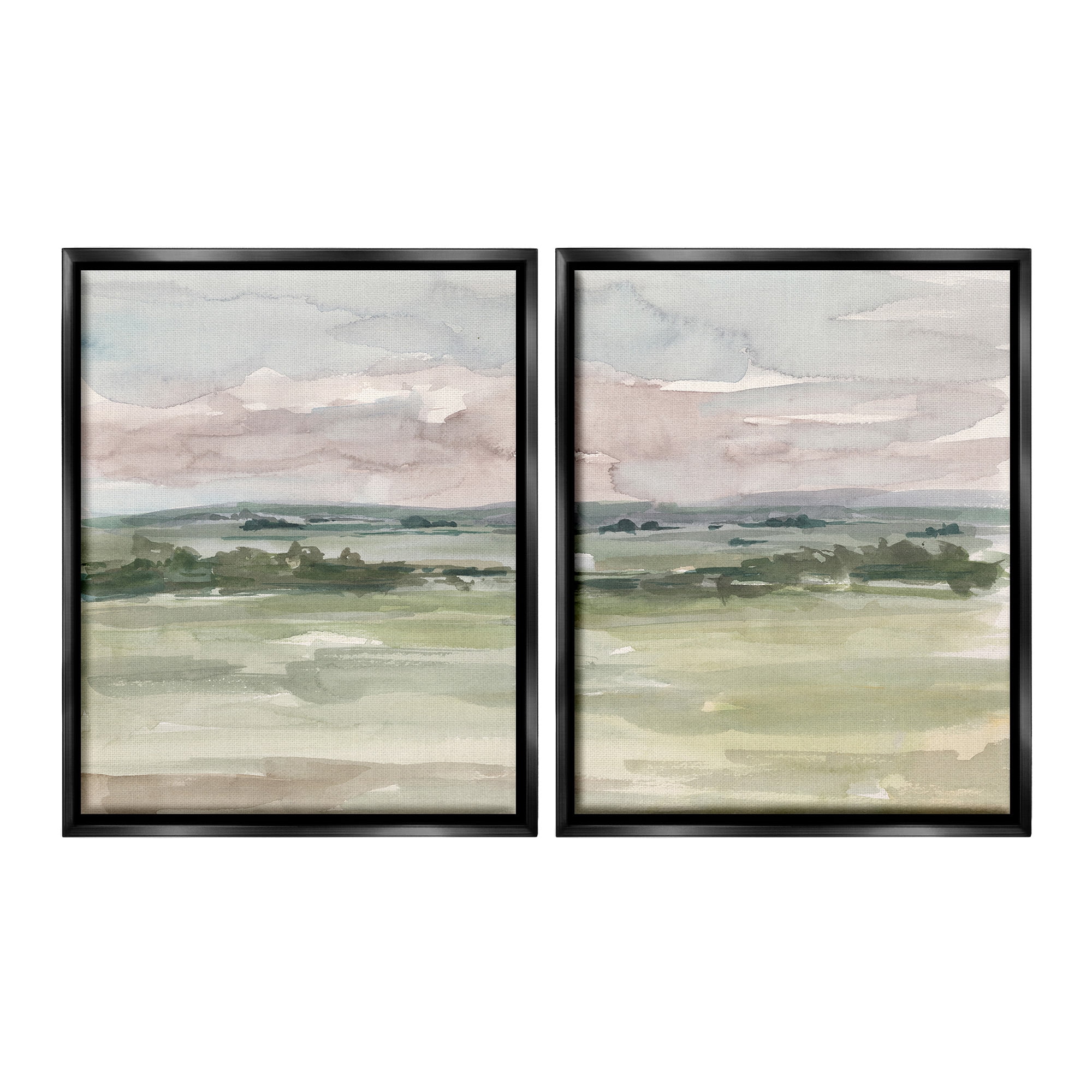 Stupell Industries Rural Landscape Watercolors Landscape Painting Black Floater Framed Canvas Art Print Wall Art, 17 x 21, Set of 2