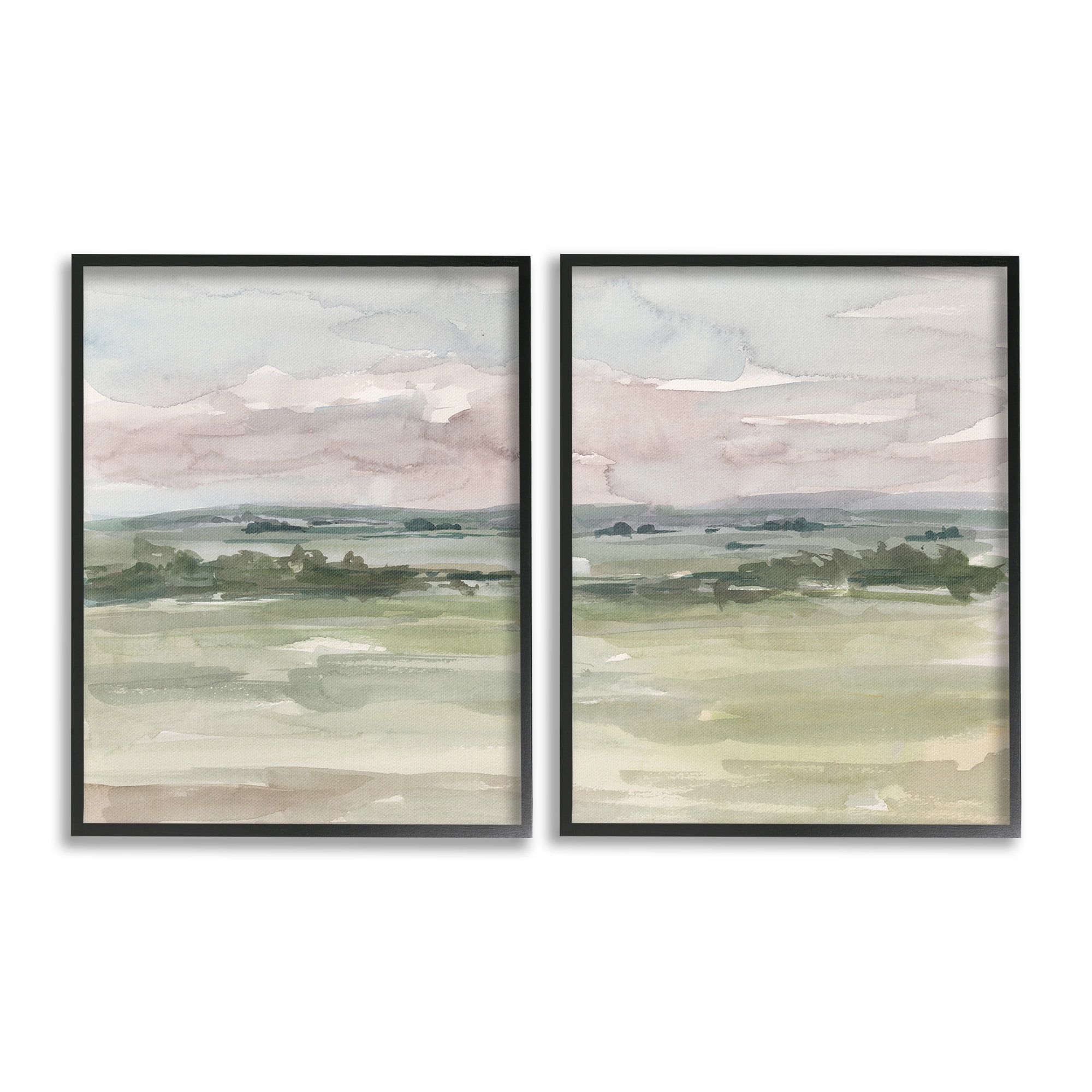 Stupell Industries Rural Landscape Watercolors Landscape Painting Black Framed Art Print Wall Art, 16 x 20, Set of 2