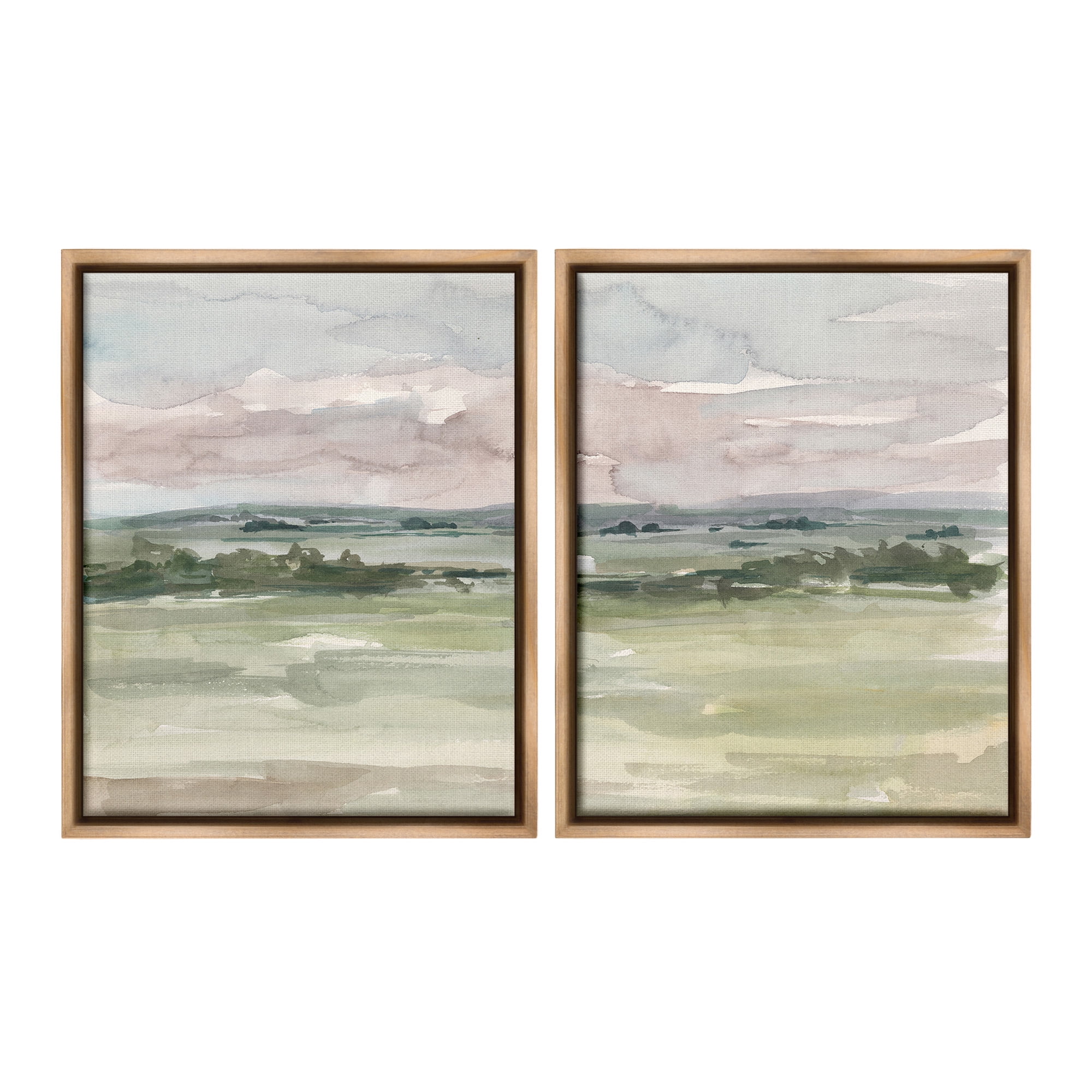 Stupell Industries Rural Landscape Watercolors Landscape Painting Brown Floater Framed Canvas Art Print Wall Art, 17 x 21, Set of 2